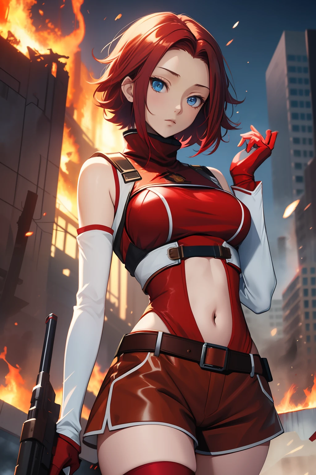 masterpiece, best quality, highly detailed, highres, hdr,
code geass, 1girl, solo, kallen stadtfeld,holding weapon, gun, holding gun,
bare shoulders, midriff, (((brown sleeveless turtleneck))), red thighhighs, (((brown shorts))), red shirt, ((white detached sleeves)), clothing cutout, zettai ryouiki, white belt, red legwear,
blue eyes, large breasts, red hair, short hair,
cowboy shot, intense angle,
mksks style, beautiful background, detailed background, professional lightning, post-apocalypse, buildings, burning, fire, light particles,
