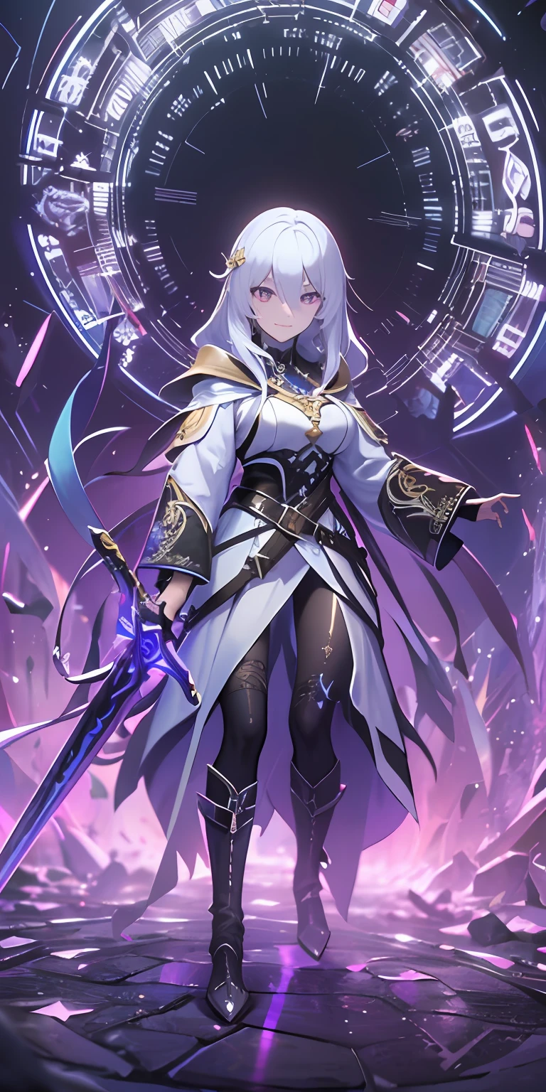 (masterpiece, best quality, ultra-detailed, best shadow), (detailed background,dark fantasy), (beautiful detailed face), high contrast, (best illumination, an extremely delicate and beautiful), ((cinematic light)), colorful, hyper detail, dramatic light, intricate details, (1girl, solo,white hair, sharp face,purple eyes, hair between eyes,dynamic angle), swirling black light around the character, depth of field,black light particles,(broken glass),magic circle, warrior, full body, holding magical sword, woman, happy, smile, look in front, tall, wearing boots,