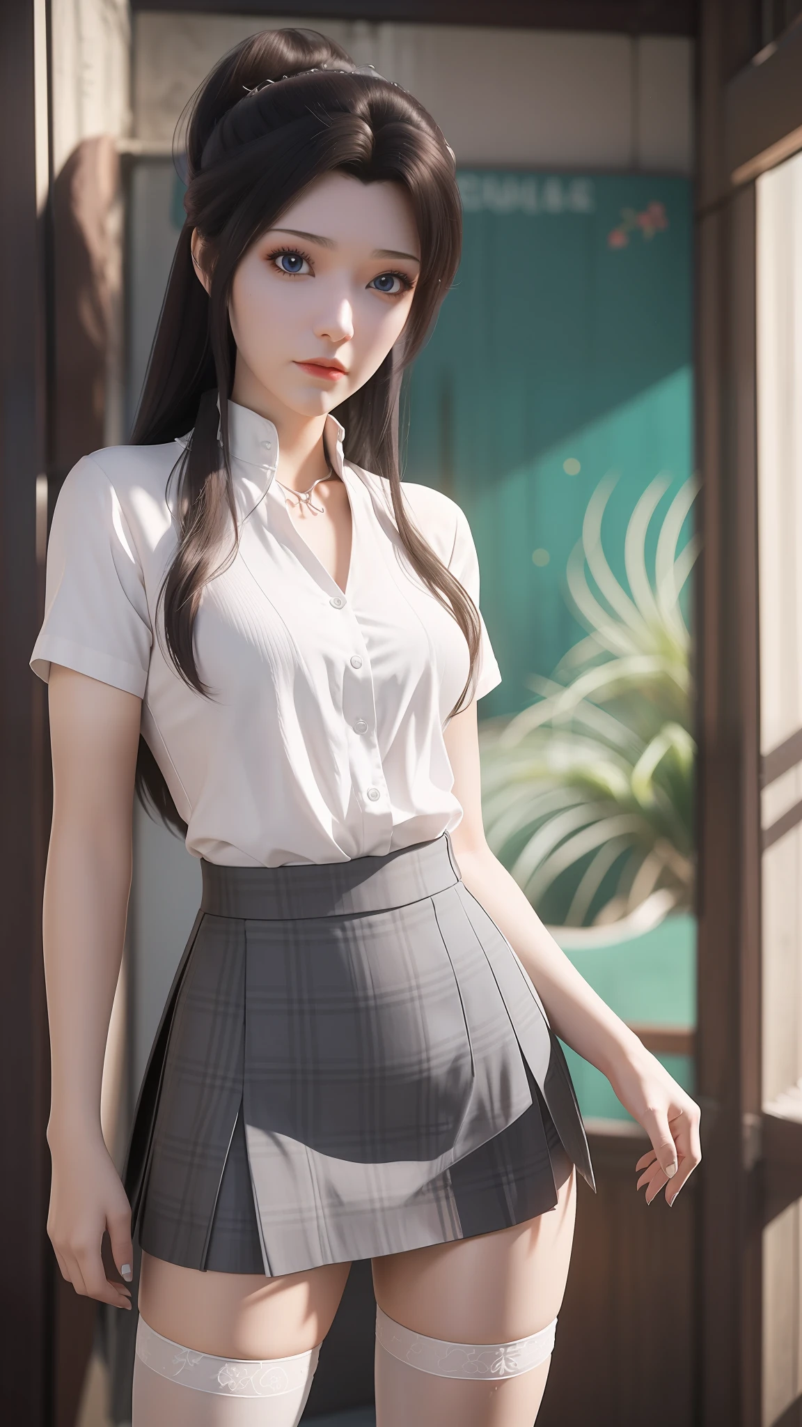 Arad woman posing for photo in short skirt and white shirt, Surrealism female students, Surrealism female students, Realistic schoolgirl, photorealistic anime girl rendering, thighhighs and skirt, 3 d anime realistic, small curvaceous , wearing skirt and high socks, Photorealistic anime, cute female student, Realistic anime 3 D style, female student