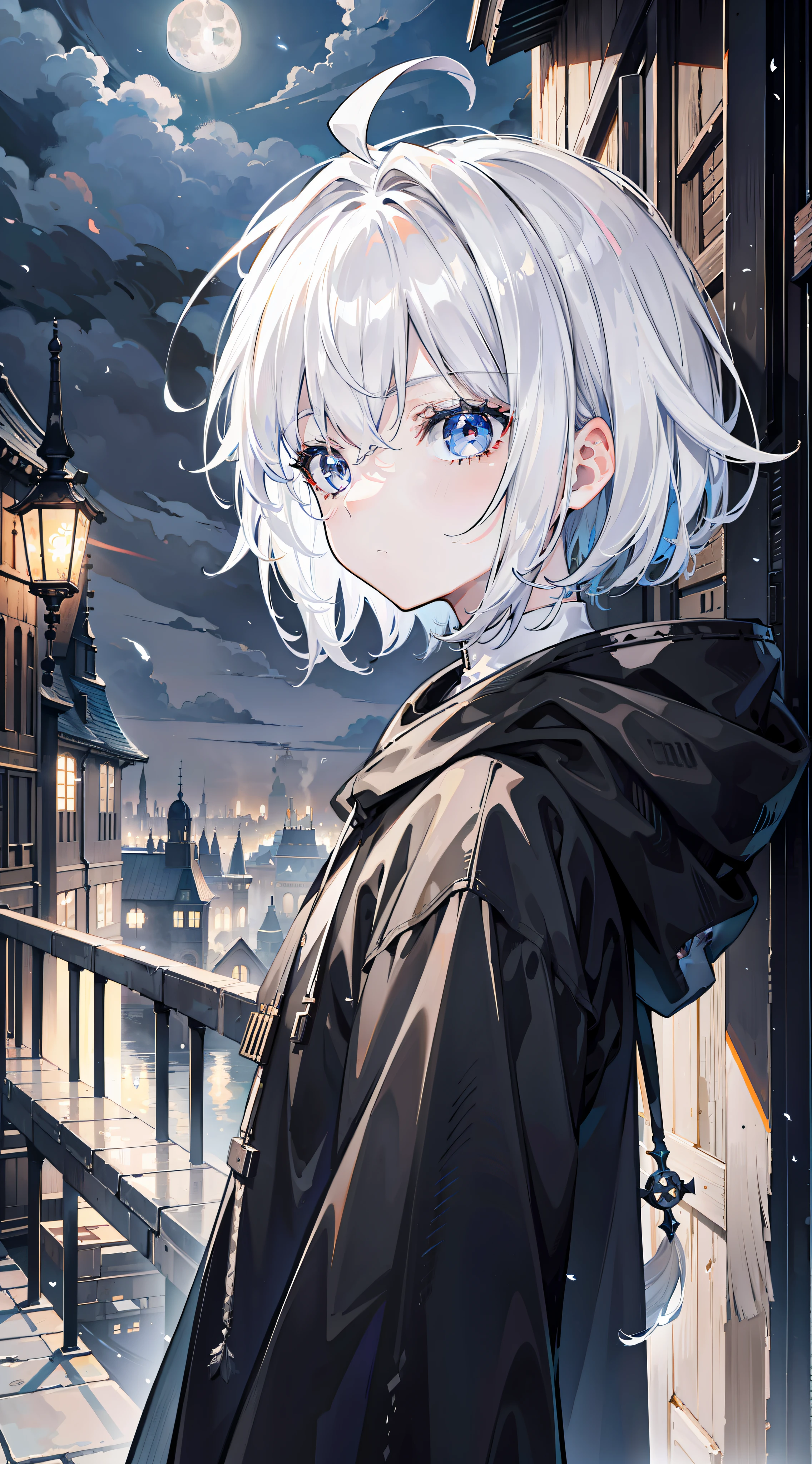 Looking into the distance,full_moon,masterpiece,best quality,official art,extremely detailed CG unity 8k wallpaper,boy,solo,short hair,white hair,ahoge,a few feathers falling in the background,expressionless,grey eyes,simple black hoodie,industrial revolution,background of the Middle Ages,street,Eyes glow