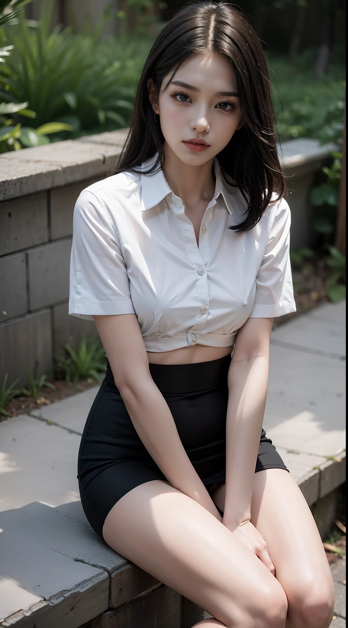 peach and yellow color, Best quality, full body portrait, delicate face, pretty face, 25 year old woman, slim figure, small bust, OL uniform, office clothes, black stockings, outdoor scene, sitting position, (Realistic lighting, Best quality, 8K, Masterpiece: 1.3), Focus: 1.2, 1girl, Perfect beauty: 1.4, Slim Abs: 1.1, Double eyelids, hyper realistic, Nikon RAW photo, 8k, Fujifilm XT3,