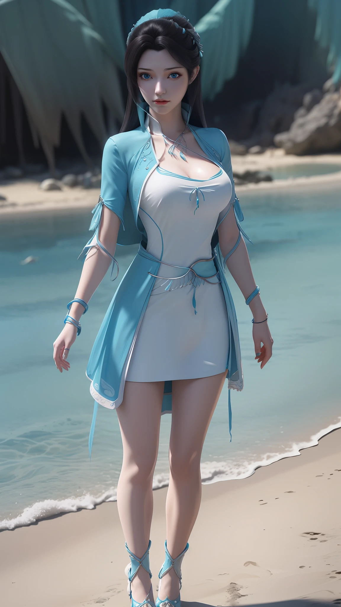 Arad woman in blue dress and white shirt walking on the beach, photorealistic anime girl rendering, render of a cute 3d anime girl, 3 D rendering character art 8 K, realistic fantasy rendering, Costume with blue accents, wearing fantasy clothing, fantasyoutfit, fantasy style clothing, hyper-detailed fantasy character, stuning fantasy 3 d render