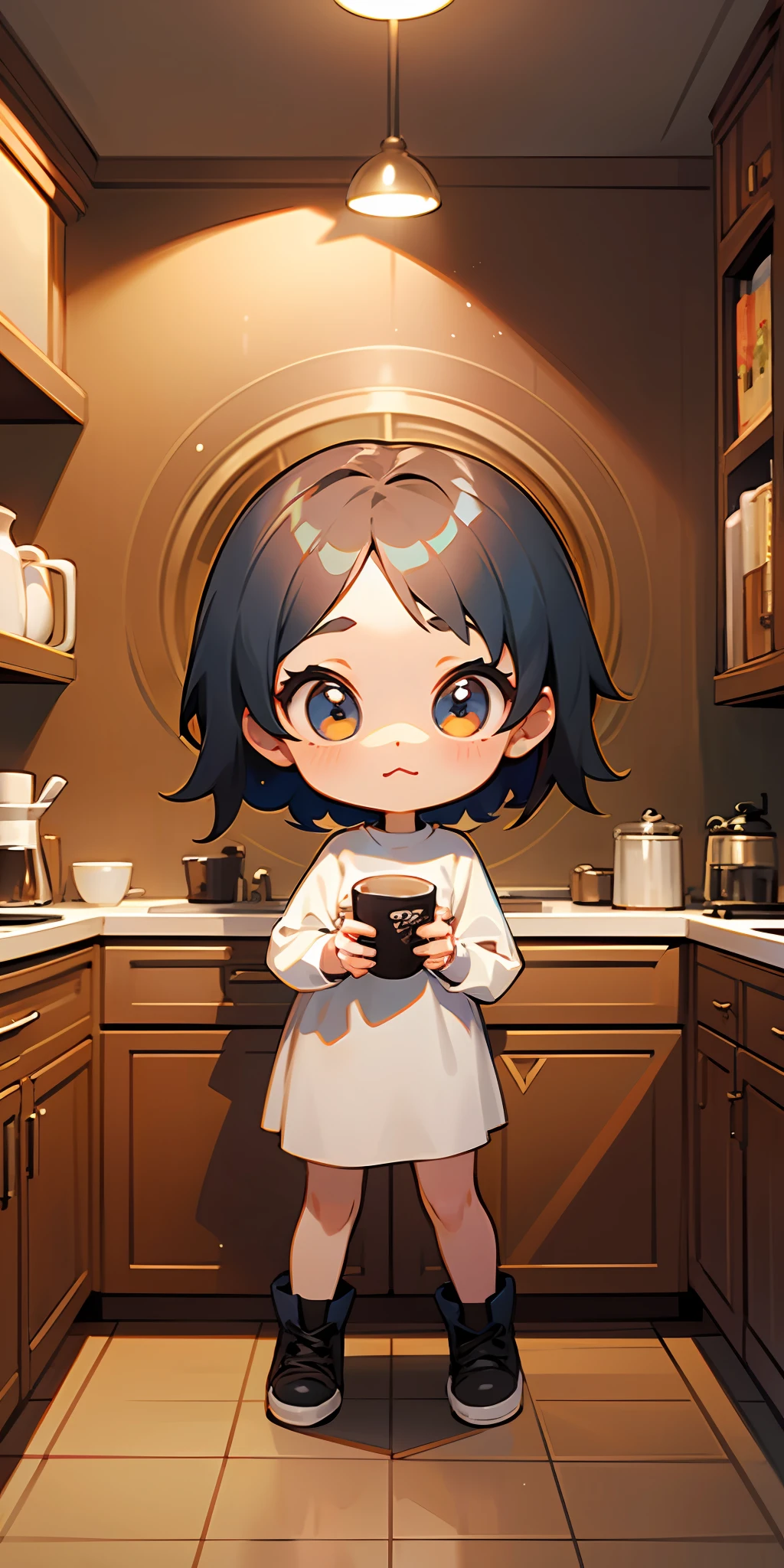 uma personagem character pixar chibi girl  bonita, scenery in a kitchen with coffee.  Outfit --auto --s2