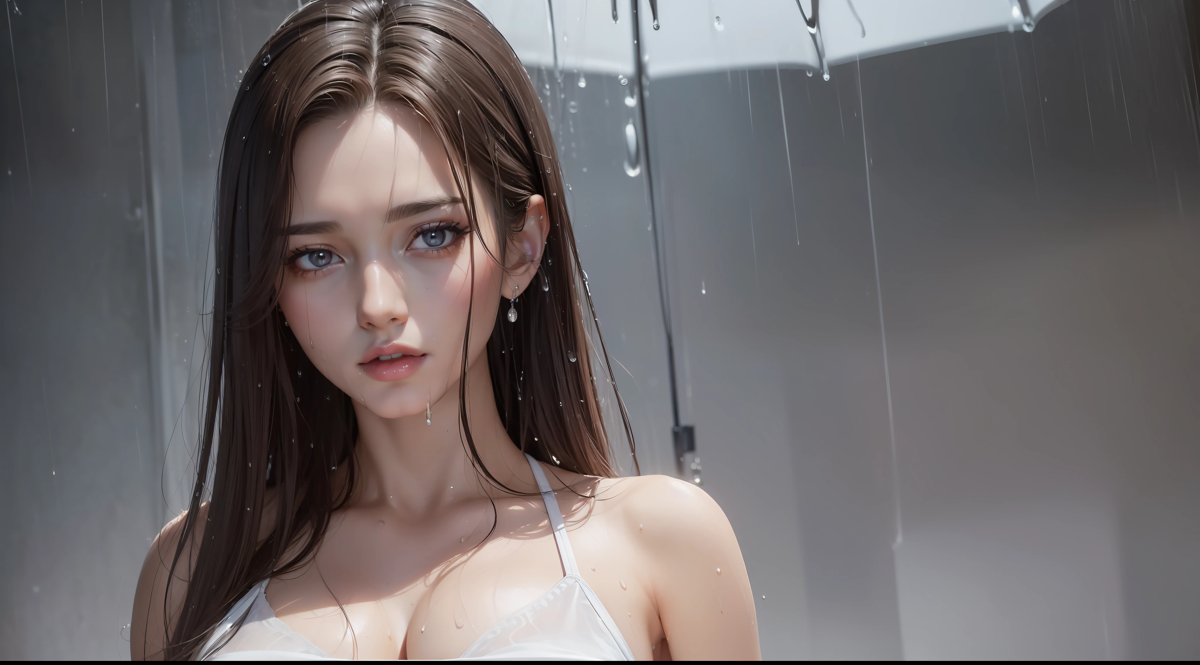 (Best quality, 4k, Masterpiece :1.3), pretty woman, 1girl, sexy :1.1, dark brown hair: 1.1, (rainy wet, wet from rain, wet body :1.2), white tank tops, ultra-detailed face, detailed lips, detailed eyes, double eyelid