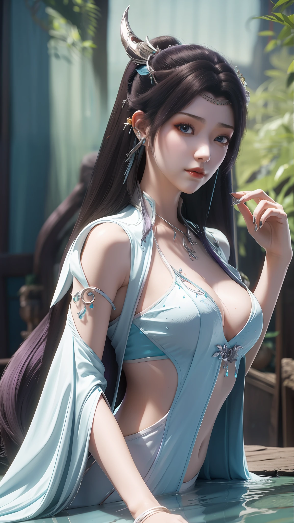 Arad woman dressed in purple poses in the water, Keqing from Genshin Impact, lunar themed attire, zhongli from genshin impact, astral witch clothes, alluring elf princess knight, Portrait Chevaliers du Zodiaque Fille, fantasyoutfit, gorgeous female paladin, astri lohne, full-body xianxia, ayaka game genshin impact
