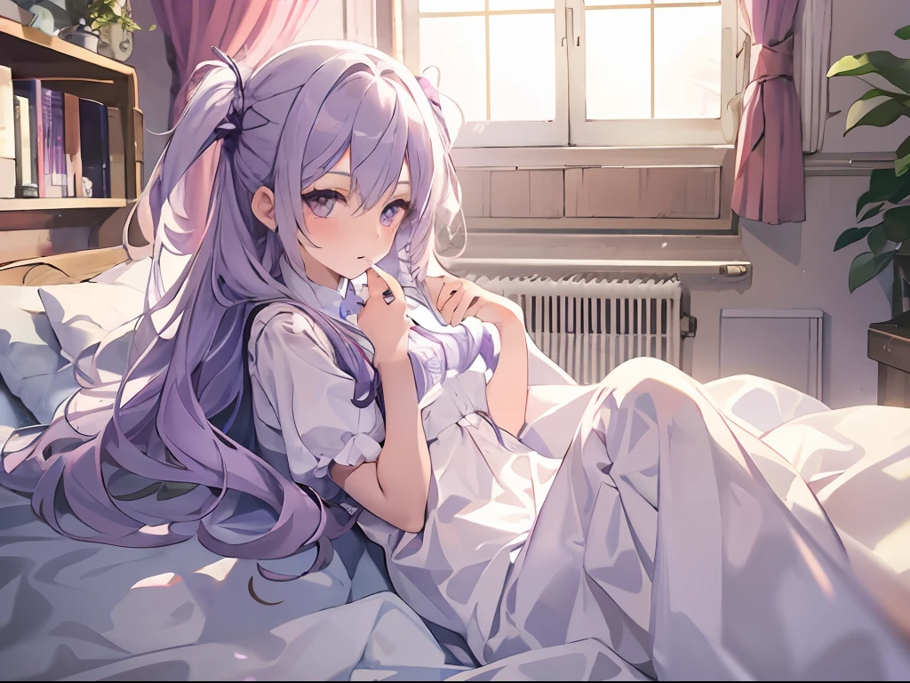 Best quality, tmasterpiece, A 12-year-old girl,Long light purple hair and purple eyes,Sitting on a shabby bed covered with a thick quilt,Stretch out,Sunlight shines in through the windows