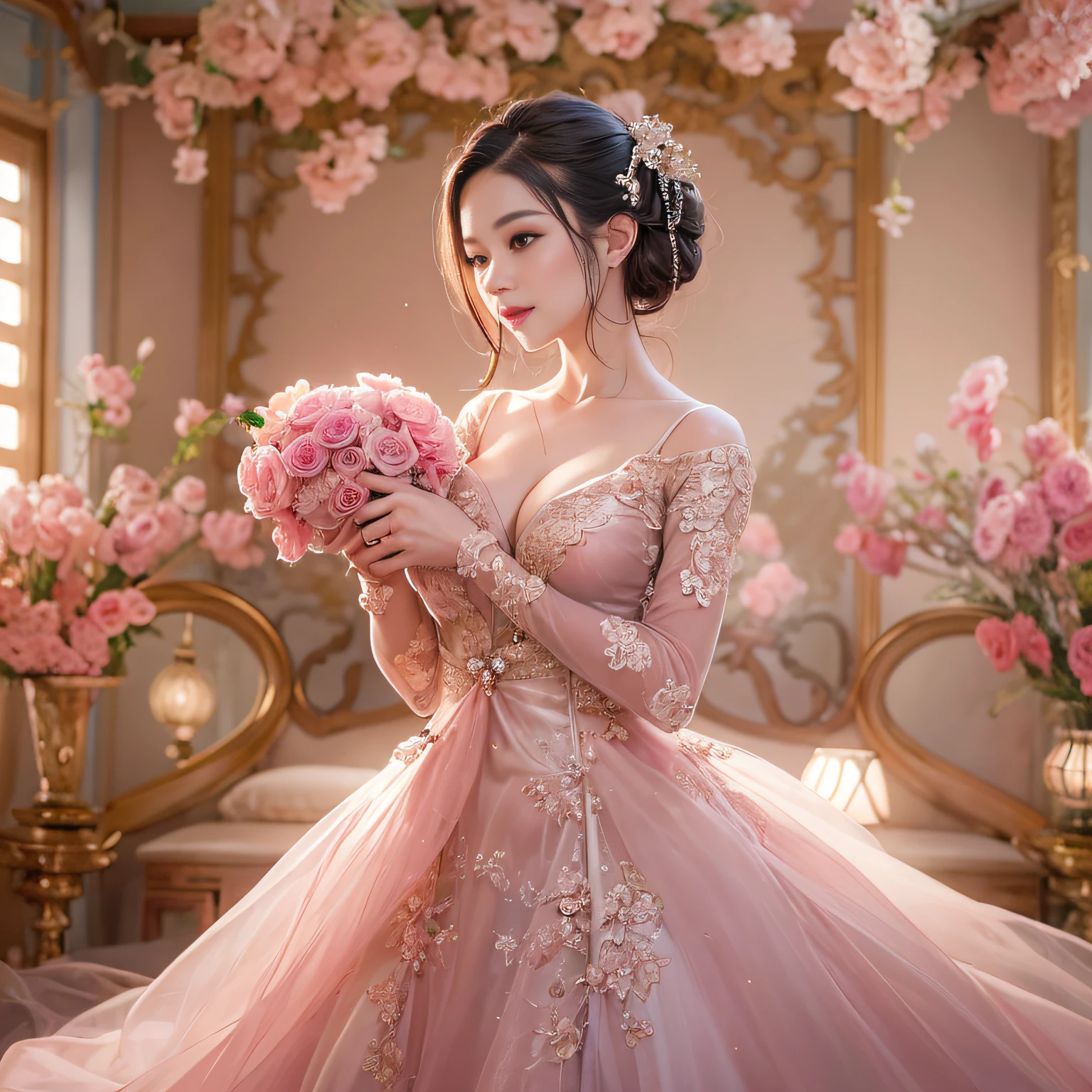 best qualtiy， tmasterpiece， A high resolution， 1girll，Chinese wedding dress，Tyndall effect，realisticlying，Pink room edge lighting，twotonelighting，（highdetailskin：1.2），8K high-definition，gentle illumination，high high quality，The upper part of the body, Plump breasts, Deep cleavage