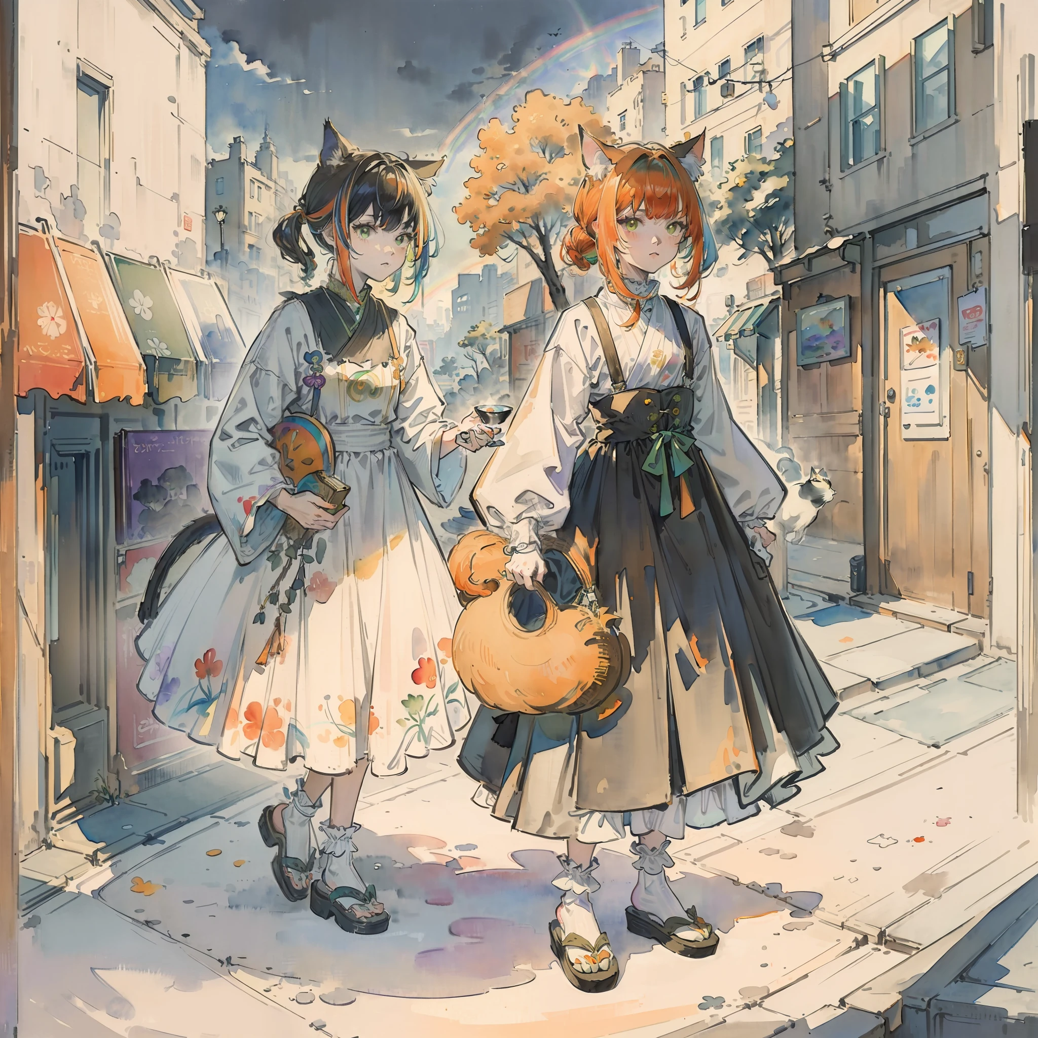 ((Best quality1.3))、Cats、((Watercolor Paint))、((With cats)),A detailed, hyper realistic rendering、((Street style))、planet of the cats、Trendy clothes((frilld))、urbane、meow、Orange hair((rainbow-colored hair))