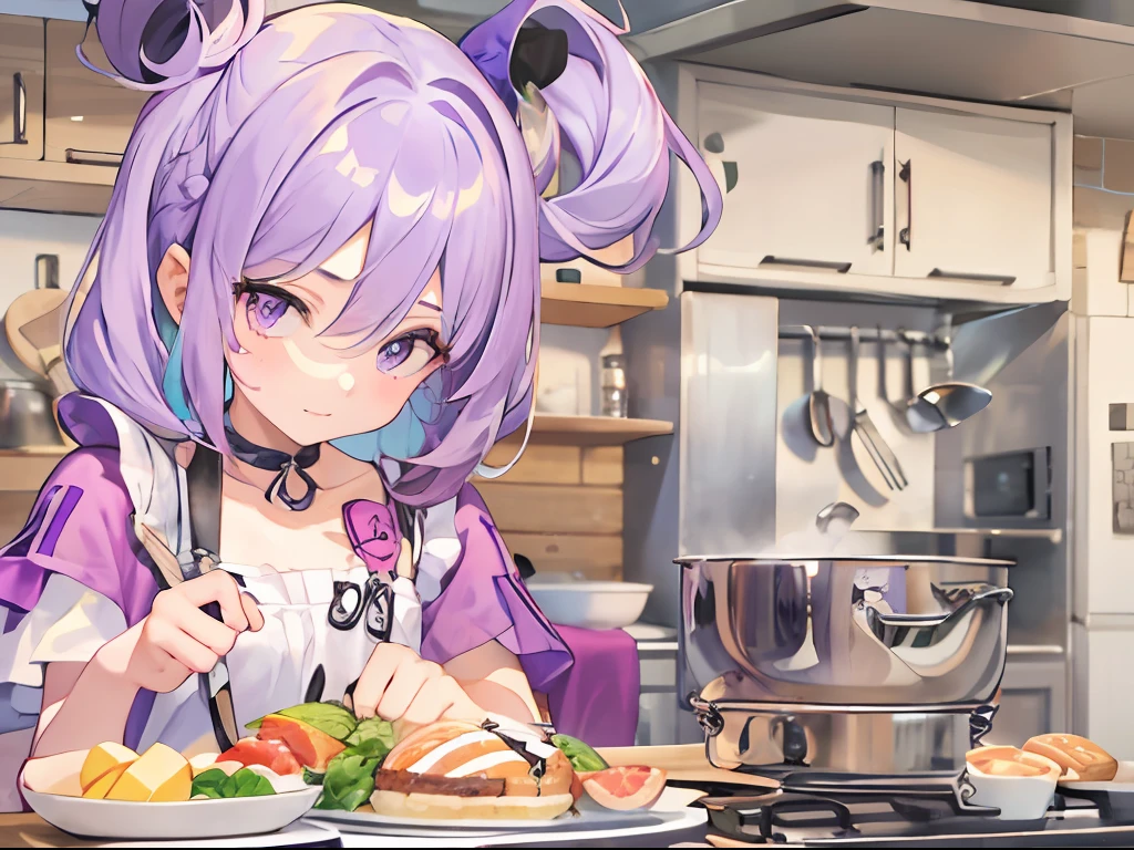 Best quality, tmasterpiece, A 12-year-old girl,Long light purple hair and purple eyes,Alone in the kitchen,Not serious