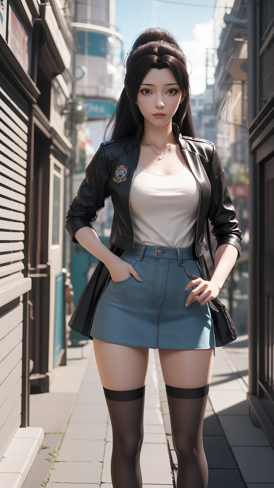 there is a woman in a skirt and a jacket posing for a picture, Surrealism female students, Surrealism female students, Realistic schoolgirl, thighhighs and skirt, photorealistic anime girl rendering, 3 d anime realistic, Smooth anime CG art, photorealistic full body, Photorealistic anime, Realistic anime 3 D style, photorealistic perfect body, wearing skirt and high socks