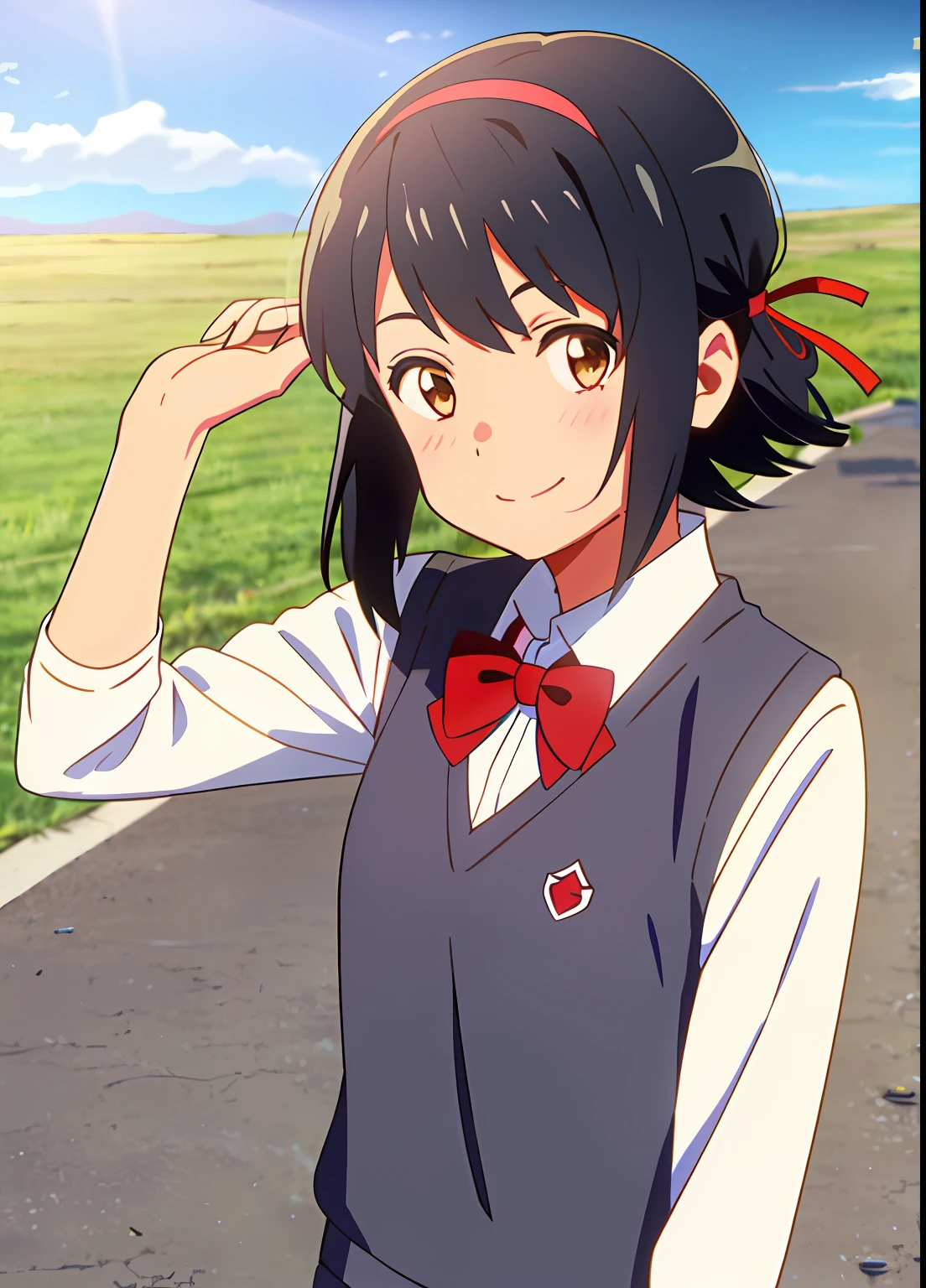 shinkai makoto, kimi no na wa., 1girl, bangs, black hair, blue sky, blush, bow, bowtie, brown eyes, cloud, collared shirt, hair ribbon, hairband, looking at viewer, negative space, outdoors, red bow, red bowtie, red hairband, red ribbon, ribbon, school uniform, shirt, short hair, sky, smile, solo, sweater vest, upper body, vest, white shirt, yellow sweater vest, yellow vest