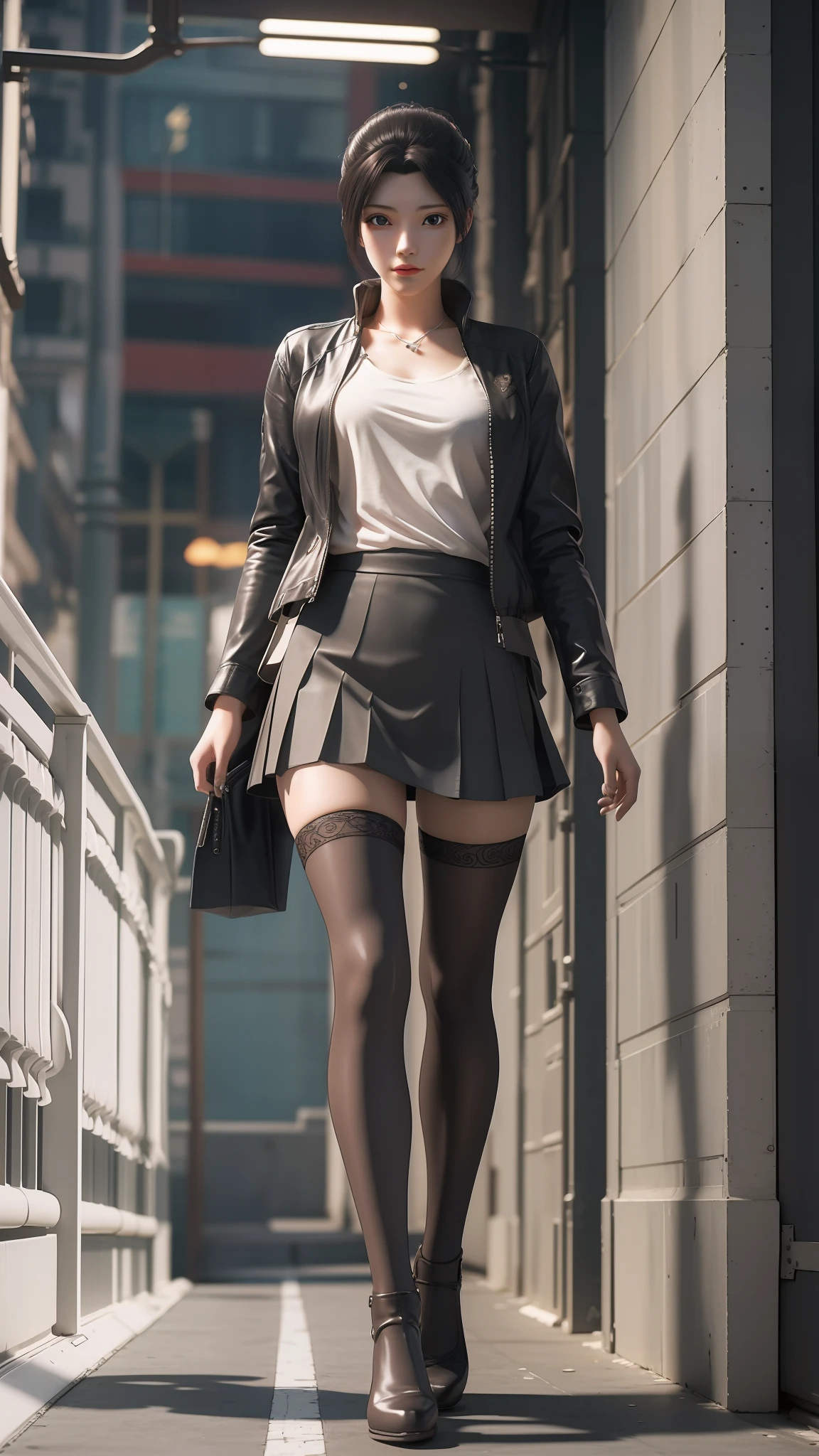 there is a woman in a skirt and a jacket posing for a picture, Surrealism female students, Surrealism female students, Realistic schoolgirl, thighhighs and skirt, photorealistic anime girl rendering, 3 d anime realistic, Smooth anime CG art, photorealistic full body, Photorealistic anime, Realistic anime 3 D style, photorealistic perfect body, wearing skirt and high socks