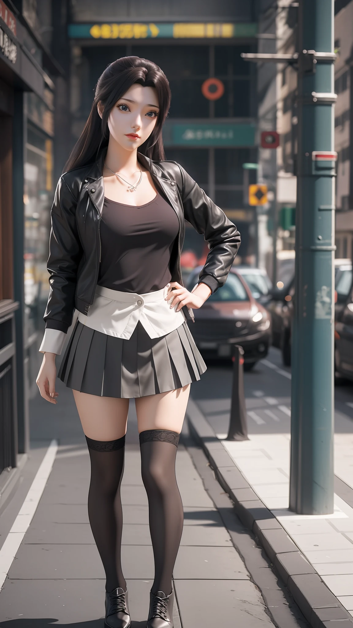 there is a woman in a skirt and a jacket posing for a picture, Surrealism female students, Surrealism female students, Realistic schoolgirl, thighhighs and skirt, photorealistic anime girl rendering, 3 d anime realistic, Smooth anime CG art, photorealistic full body, Photorealistic anime, Realistic anime 3 D style, photorealistic perfect body, wearing skirt and high socks