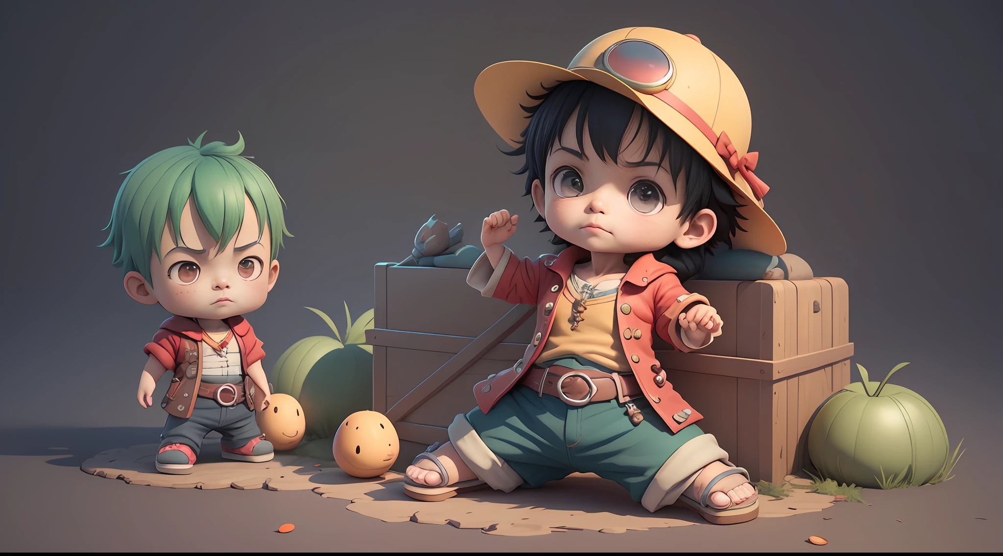 Cute 3d render，cute detailed digital art，Male explorer mini cute boy，lovely digital painting，Stylized 3D rendering，adorable digital art，Cute rendered 3d anime boy，Little pirate Luffy looked up，adolable！C4D，Portrait anime Pirate Boy，He wears an open, long-sleeved red cardigan，There are four buttons，A yellow belt is tied around the waist，Black shorts with cuffs，sandals。