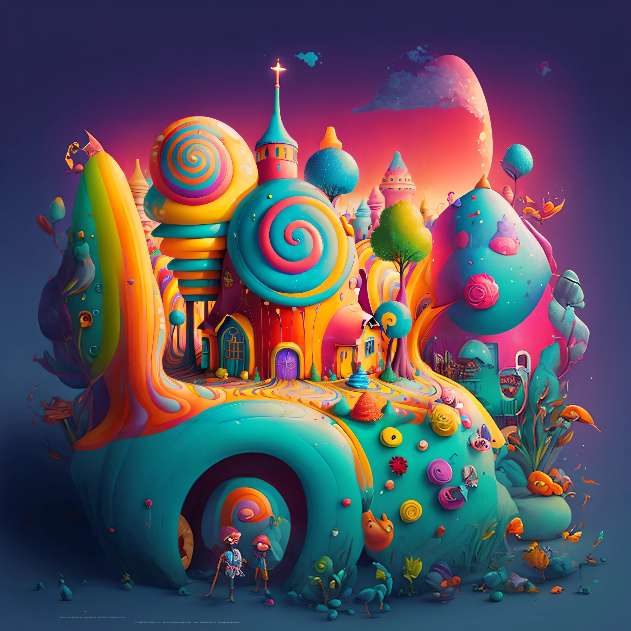 Brightly colored fantasy land with a candy house and candy train, Bosque de dulces, Colorful illustration, inspirado por Jacek Yerka, whimsical fantasy landscape art, Jen Bartel, en una casa estilo tierra de caramelos, Arte de dibujos animados vibrante, Colorful illustration, Tierra de caramelos, Candyland, Arte conceptual colorido, Arte digital 4K altamente detallado, Por Justin Gerard, whimsical and psychedelic