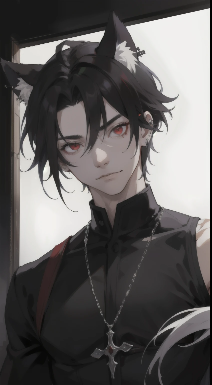 tmasterpiece, beste-Qualit, 1 male, ((独奏)), grown up, ah high, muscular, beutiful, finely detailed eyes, intricate detials, pale skin, wolf ears, furry tail, Bright Red Eyes, black hair, black big shirt, Black pants, Black Belt, detailed clothes, Scars on the body, scar across eye, In a dark room in medieval style, Detailed room, Face Up Close:::, ear piercings
