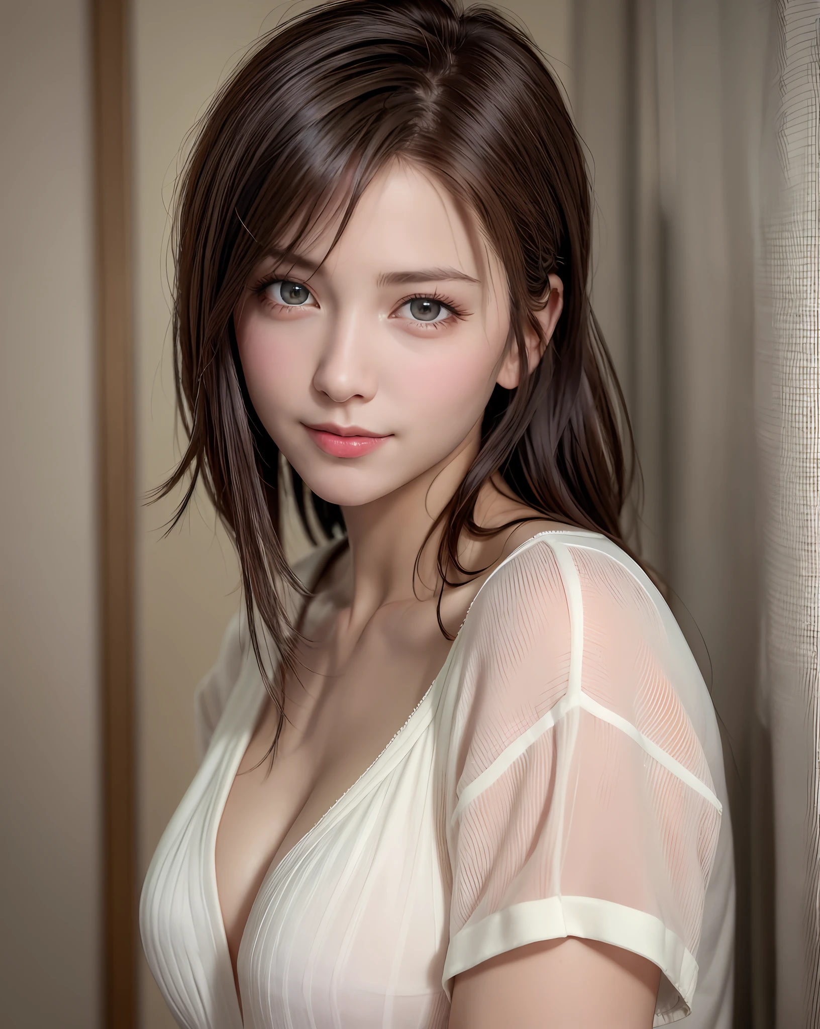 Best Quality, Ultra High Resolution, (Photorealistic: 1.4), Beautiful Eyes, Super Beautiful, Very Short Hair, Beautiful, Sweetheart, T-shirt with Rough Chest, Beautiful Soldier, Eyes That Invite Viewer, Lover's Perspective, Inviting Expression, Sexy Smile, Perfect Style, Perfect Balance, Detailed Skin, Naughty Gaze, Chest Visible