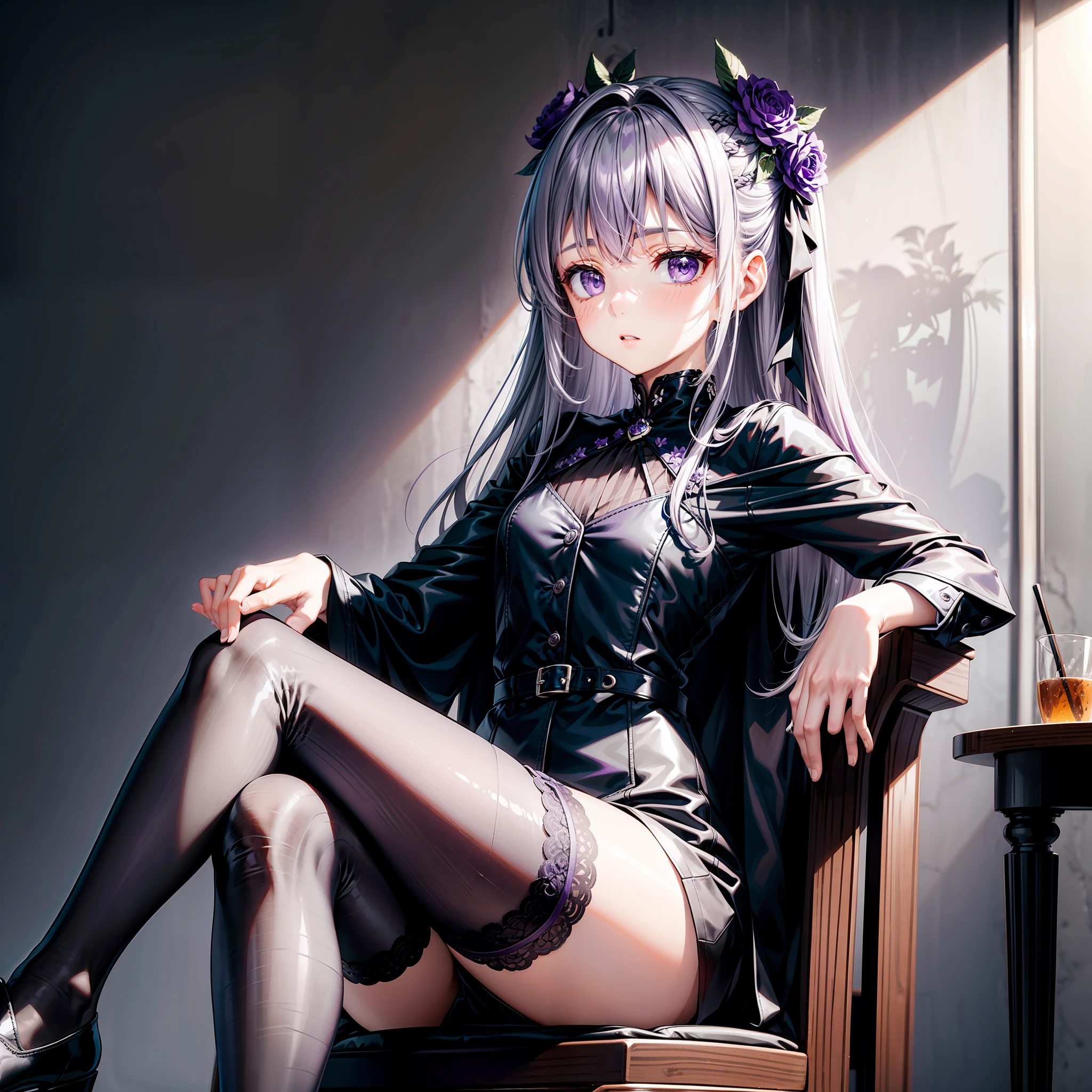 1girll,Gray hair,Purple flower hair ornaments,black lence stockings,Small black leather shoes,Sit upright in a chair,janelas,black color dress