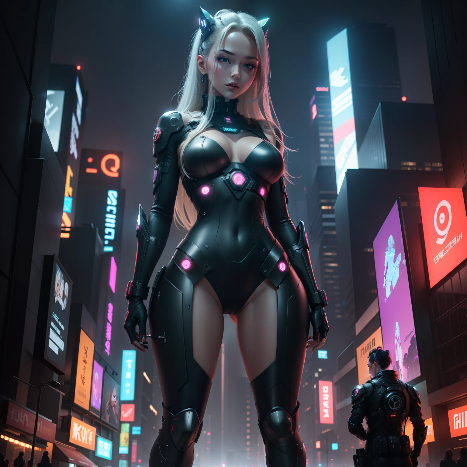 8k,realisticlying,Glamorous,The is very detailed,A 20 year old girl, a sexy and attractive woman,No clothes,Has huge breasts。She shows sexiness and confidence,It perfectly interprets the charm of a woman。In a cyberpunk-style night view of the city,A sexy and charming,of women,She stood on a street lined with tall buildings。The night view of the city is brightly lit,It adds a sense of futuristic technology。The surrounding buildings and streets are full of cyberpunk elements,Like neon lights、High-tech installation and futuristic architectural design。The whole scene is full of futuristic and sci-fi atmosphere。This one is high definition、High-quality images will give you a stunning visual enjoyment,Will be sexy、Futuristic and sci-fi elements are a perfect combination。OC rendering,dramatic lights,Award-winning quality