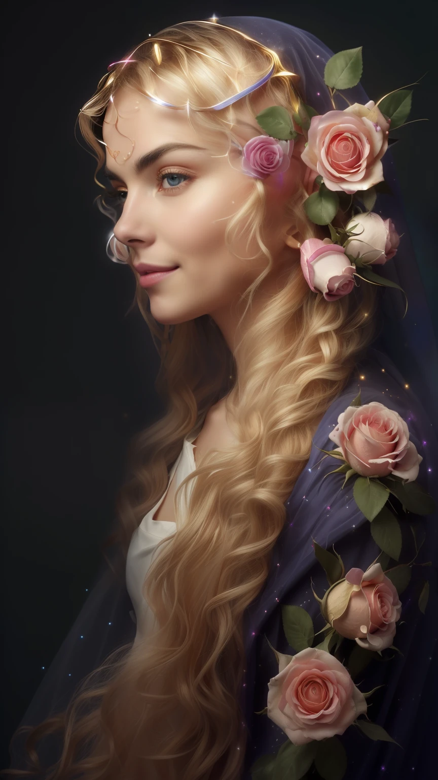 (((Holy VIRGIN MARY MYSTICAL ROSE. 19 years old))) ((( Con una cara seria y piadosa. Con una mirada dulce y tierna))) (obra maestra, calidad superior, mejor calidad, arte oficial, beautiful and aesthetic: 1.2), (1girl), extremadamente detallado, (Arte fractal: 1.3), colorido, highest detailed, Cara perfecta, parte superior del cuerpo, HDR, (orando: 1.3), (golden lines of white coat: 1.2), galaxia, (rayas de luz), eye-catching visuals, (dynamic stripes, senderos luminosos: 1.2), colores vibrantes,