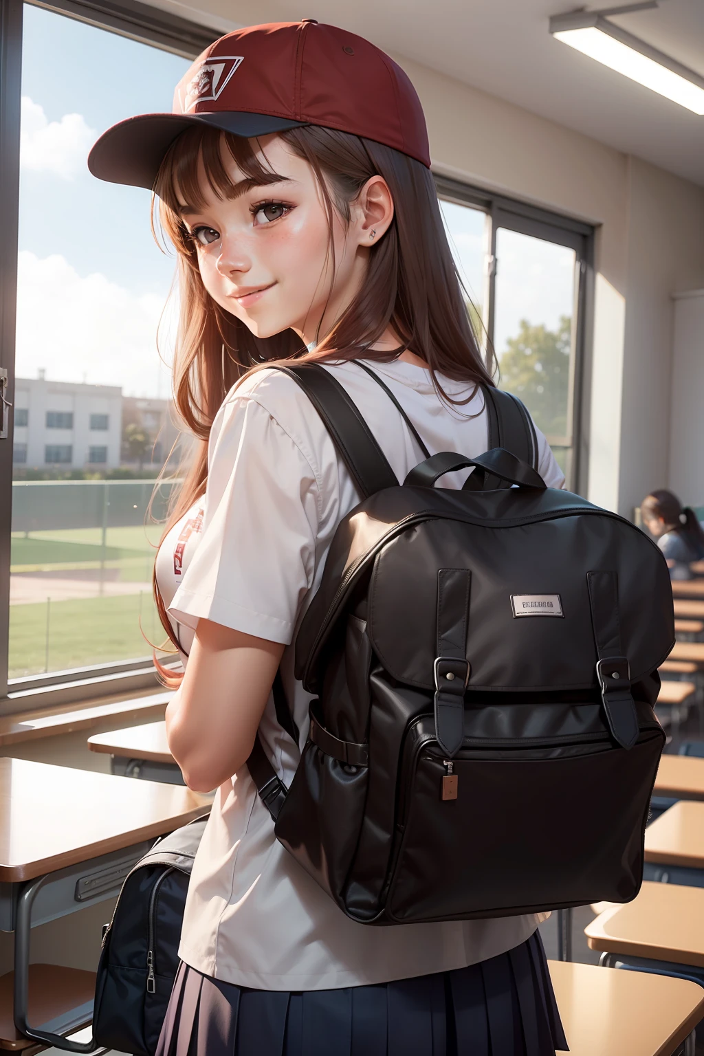 A female high school student in a school uniform，Long hair，wearing a baseball hat，Face away from the screen，Smile back，Burgundy school bag，‎Classroom