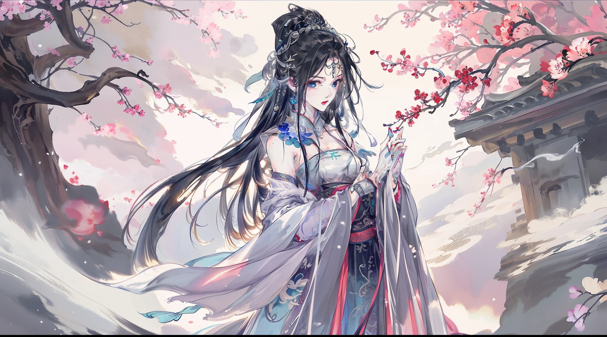 old chinese ink painting , splashing ink , official art, unity 8k wallpaper, ultra detailed, beautiful and aesthetic, beautiful, masterpiece, best quality, Dark, atmospheric, mystery, romanticism, macabre, literature, art, fashion, Victorian, ornamental, intricate, ironwork, lace, brooding, emotional depth, supernatural, (ultra Detailed scene) , (masterpiece) , pretty girl , white thin robe , thick leg , shaped body , shaped face , Both_of_eyes_are_same , blue eyes , full body close up , putting hand like pray while standing , dark pink lips , shaped nose and ears , black straight hair , silver crown , wind blowing through the hair, thousand pink blossom twirling her like storm , ruined pray stone with rune and symble on it , has old rune as black tattoo on her neck to arm , mist under her feet , 100 mini light balls around her , (high detailed face), (ultra pretty face) , black eyebrow , long white robe , dark scene , dark fantasy art style , magic ,light ball , ink painting , (ultra detailed ink painting , chinese old painting , ink