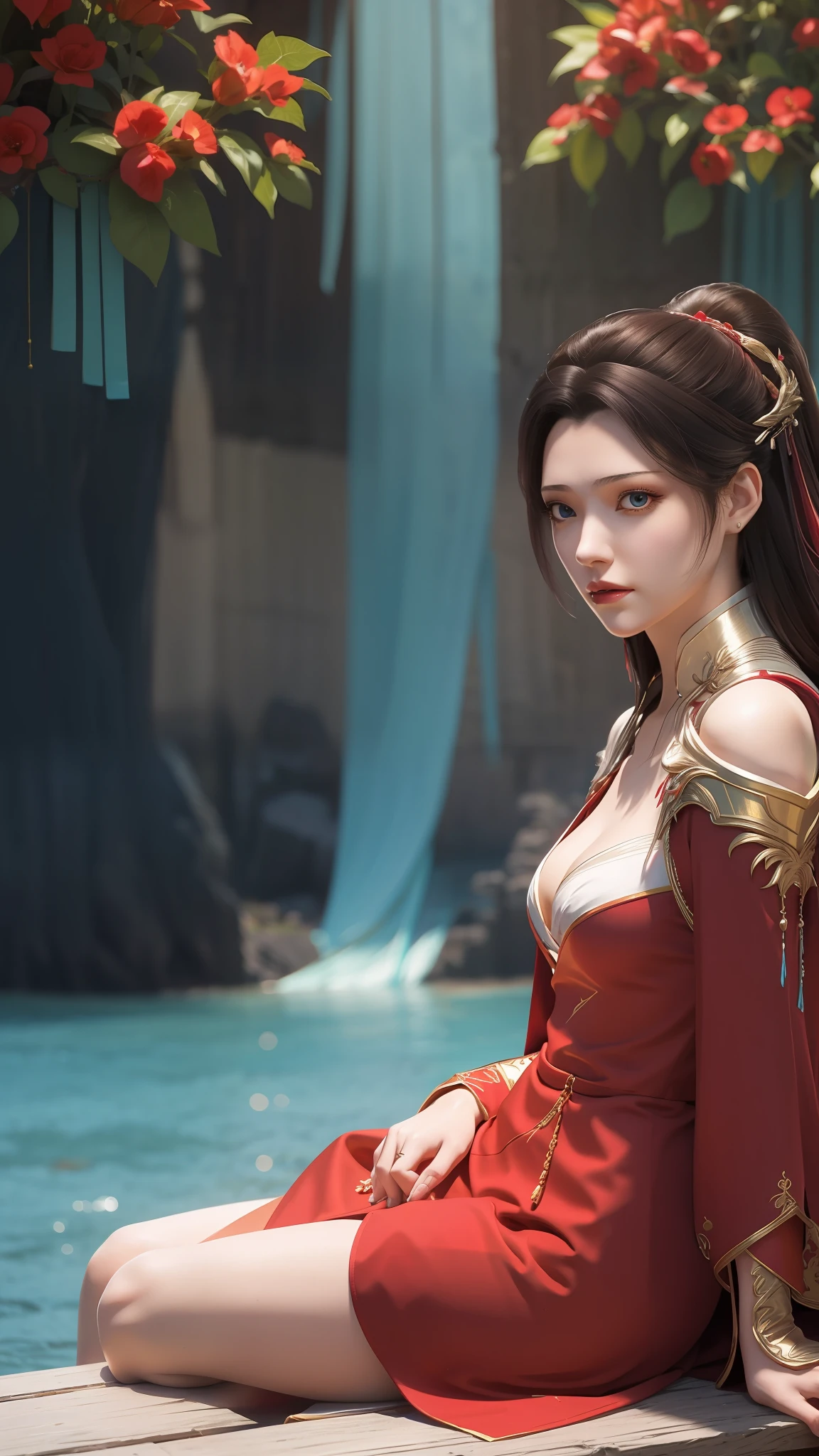 The Araved woman in a red dress sits on a red bench by the water, a photorealistic painting inspired by Magali Villeneuve, cgsociety contest winner, Fantasy art, wearing gilded red robes, lady in red armor, wearing gilded red royal robes, Gorgeous Role Play, scarlet witch costume, wearing red sorcerer's robes, Red robe, aly fell and artgerm