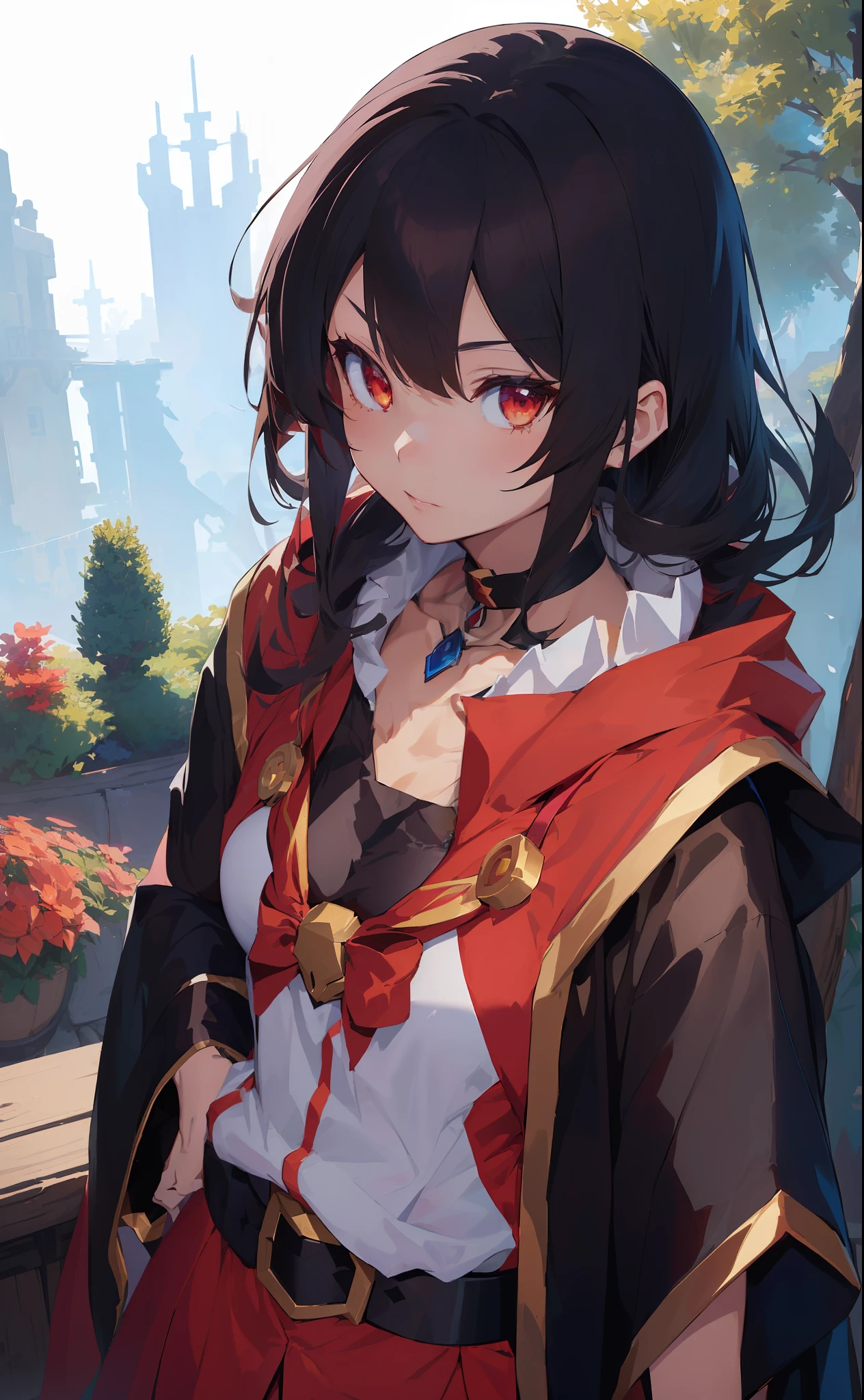 anime character with a necklace and a necklace around his neck, style of duelyst, half invoker half megumin, megumin, tsuaii, final fantasy tactics character, black - haired mage, fate grand order, tsukasa dokite, inspired by Li Chevalier, hyperlight drifter, wearing a brown cape, official art, with cape