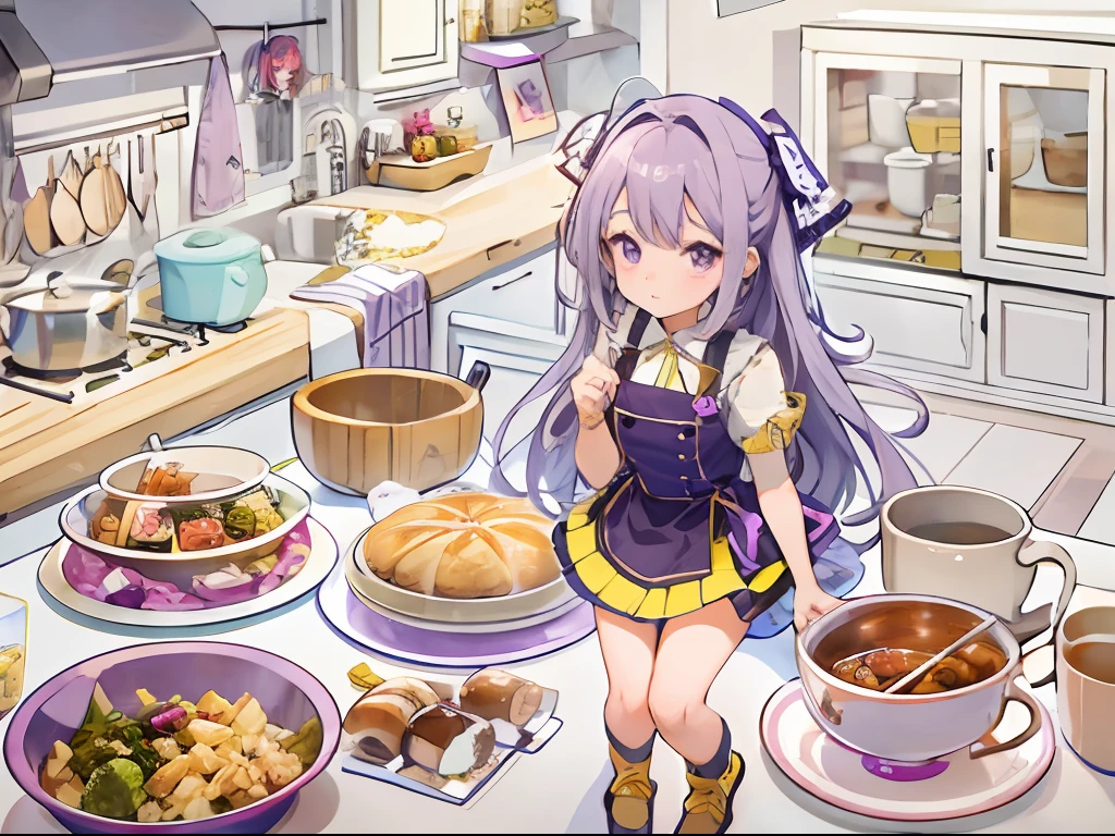 Best quality, tmasterpiece, A ,Long light purple hair and purple eyes,at the kitchen,There was a large basin of rice on the table,And lots of delicacies