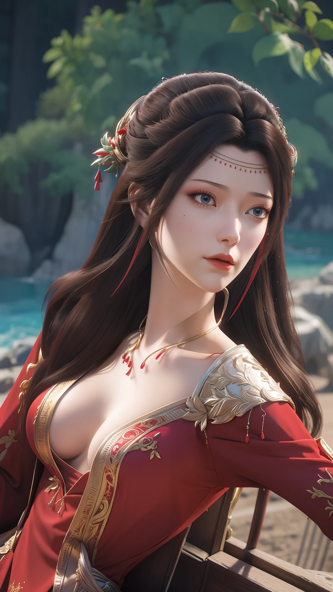 The Araved woman in a red dress sits on a red bench by the water, a photorealistic painting inspired by Magali Villeneuve, cgsociety contest winner, Fantasy art, wearing gilded red robes, lady in red armor, wearing gilded red royal robes, Gorgeous Role Play, scarlet witch costume, wearing red sorcerer's robes, Red robe, aly fell and artgerm