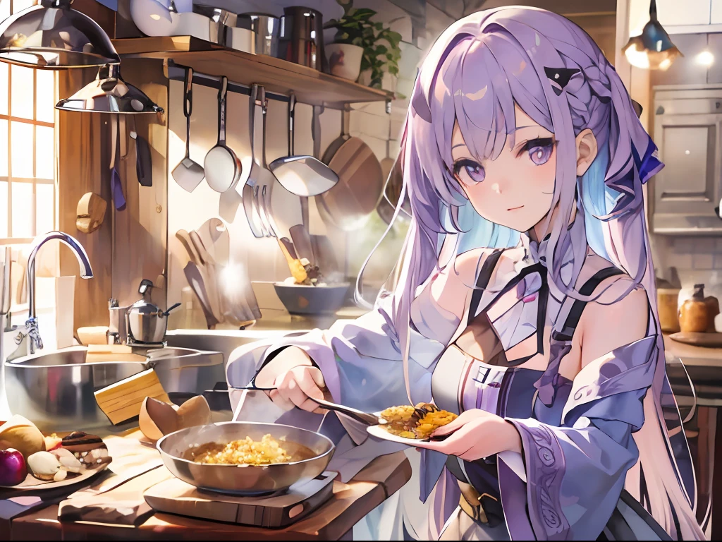 Best quality, tmasterpiece, A 12-year-old girl，Long light purple hair and purple eyes，at the kitchen，There was a large basin of rice on the table，And lots of delicacies