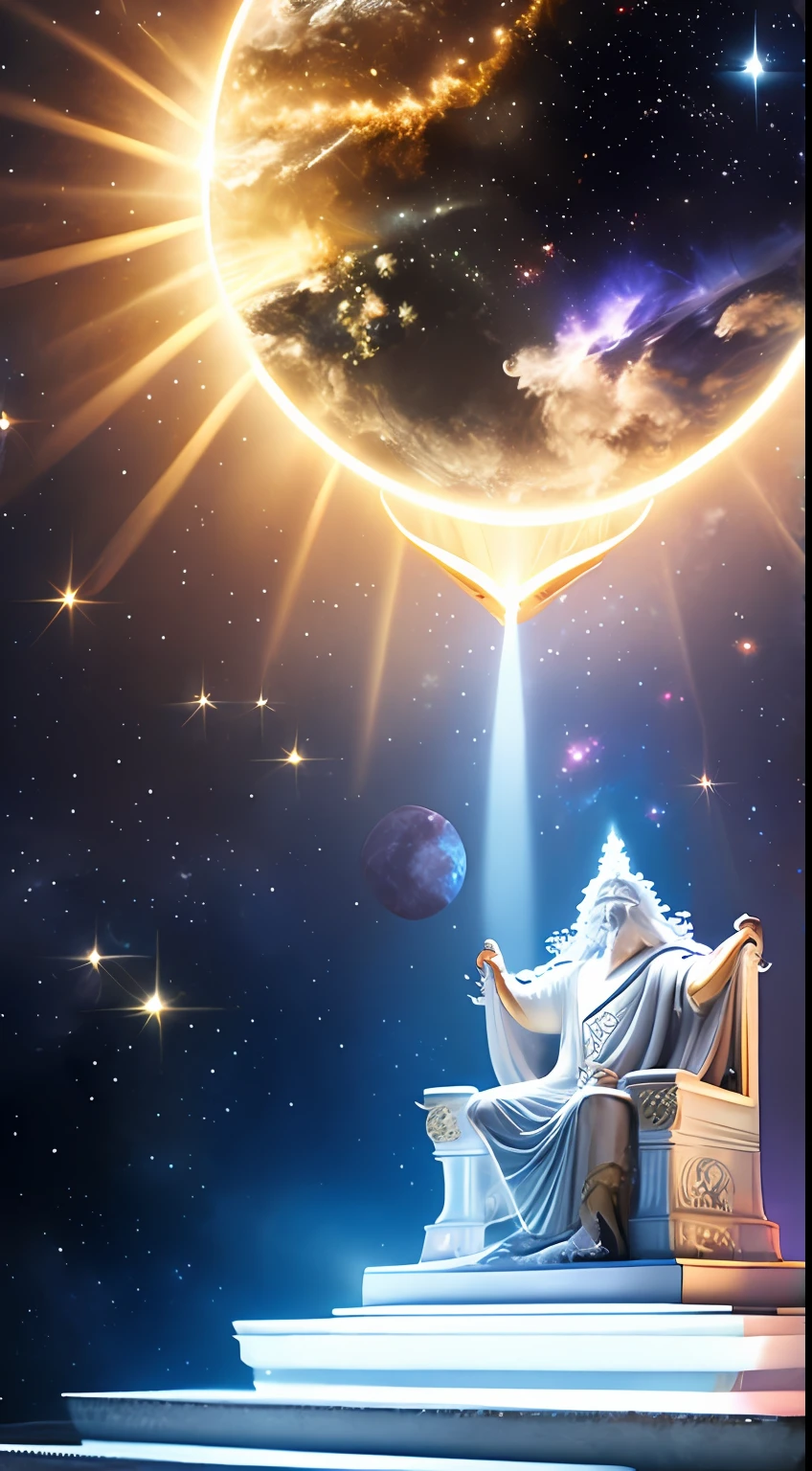 super high resolution, best quality, photo, 16k, (photorealistic: 1.2), cinematic lighting, An old man in the shape of a mythical god. Depict the god holding the sun and moon, enveloped by a radiant aura. Seat them on a magnificent throne within a cosmic backdrop, in bright white cloaks floating on the crystal throne, floating on crystal clouds, surrounded by the splendors of the universe. Pay meticulous attention to stunning details and achieve a resolution of 64K for an immersive and realistic visual experience. Let your work capture the essence of myth and wonder, leaving viewers in awe of its beauty and power.