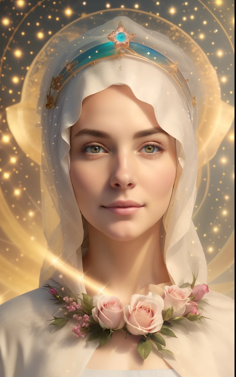 (((Holy VIRGIN MARY MYSTICAL ROSE. 19 years old))) ((( Con una cara seria y piadosa. Con una mirada dulce y tierna))) (obra maestra, calidad superior, mejor calidad, arte oficial, beautiful and aesthetic: 1.2), (1girl), extremadamente detallado, (Arte fractal: 1.3), colorido, highest detailed, Cara perfecta, parte superior del cuerpo, HDR, (orando: 1.3), (golden lines of white coat: 1.2), galaxia, (rayas de luz), eye-catching visuals, (dynamic stripes, senderos luminosos: 1.2), colores vibrantes,