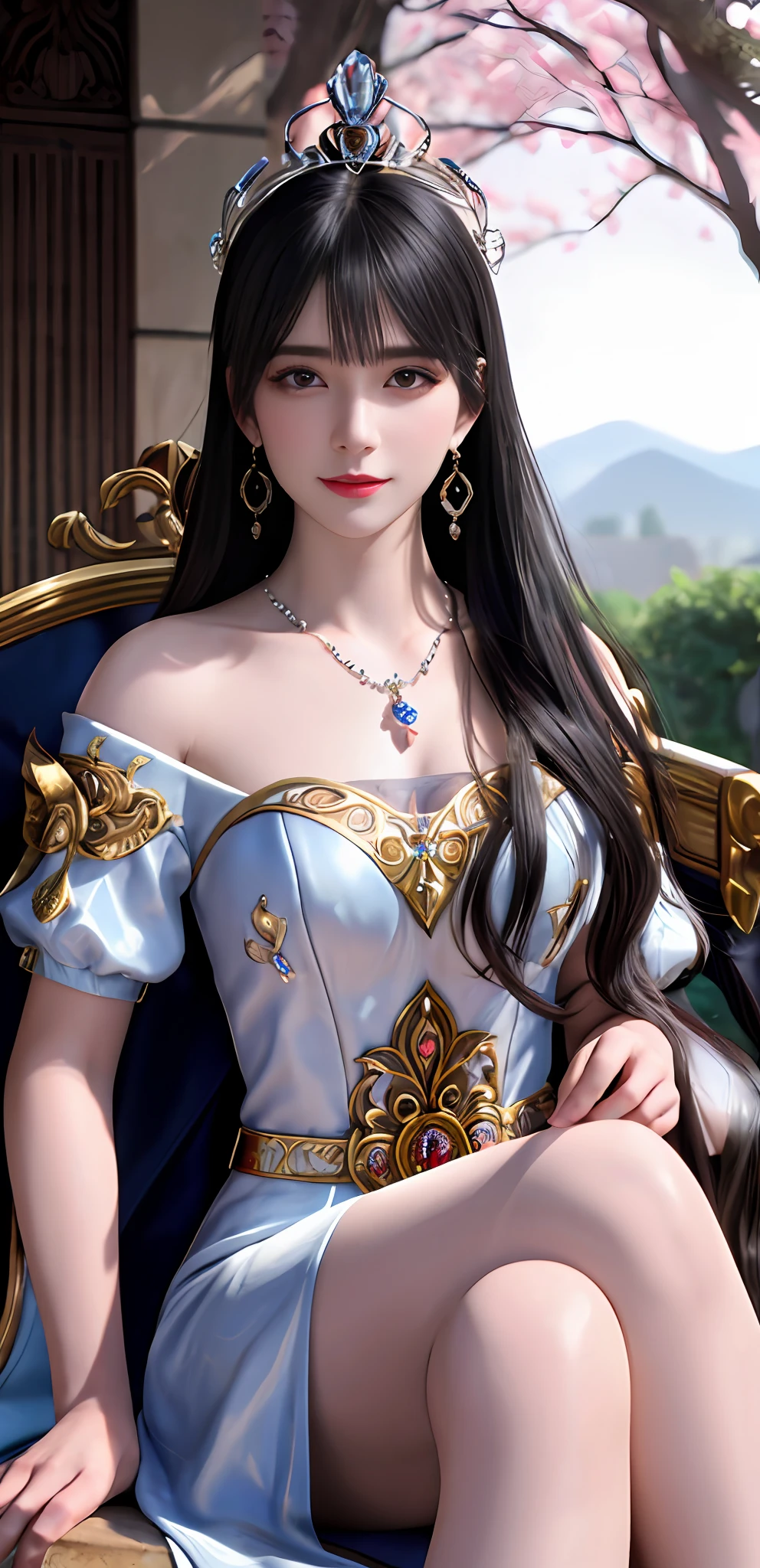 (realisticity: 1.2), best quality, 8K UHD, masterpiece, highres,cg,
1 super detailed girl, super detailed queen

, sitting on a super detailed royal throne, lud, xurious royal palace background, beautiful and detailed, super detailed long hair, wearing a beautiful and luxurious crown with diamonds and super detailed,

super detailed dress, Super detailed dress sleeves, super detailed beautiful earrings, Beautiful and beautiful necklace full of super detailed diamonds,  
 solo, jewelry, super detailed red and blue dress, pretty face, beautiful, and super detailed, 

, earrings, super detailed hairdo, splashing, the upper body is very super detailed, super detailed hair bun, super detailed black hair,
lighting,candid,Photograph,high resolution,4k,8k,Bokeh,