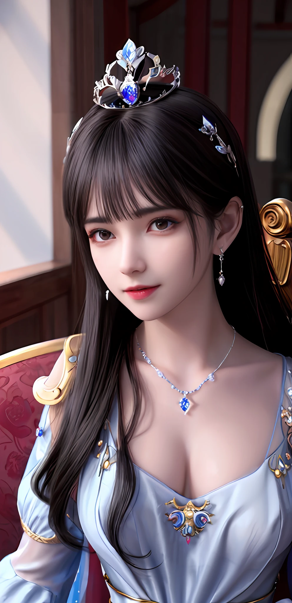 (realisticity: 1.2), best quality, 8K UHD, masterpiece, highres,cg,
1 super detailed girl, super detailed queen
, sitting on a super detailed royal throne, lud, xurious royal palace background, beautiful and detailed, super detailed long hair, wearing a beautiful and luxurious crown with diamonds and super detailed,
super detailed dress, Super detailed dress sleeves, super detailed beautiful earrings, Beautiful and beautiful necklace full of super detailed diamonds,
solo, jewelry, super detailed red and blue dress, pretty face, beautiful, and super detailed,
, earrings, super detailed hairdo, splashing, the upper body is very super detailed, super detailed hair bun, super detailed black hair,
lighting,candid,Photograph,high resolution,4k,8k,Bokeh,