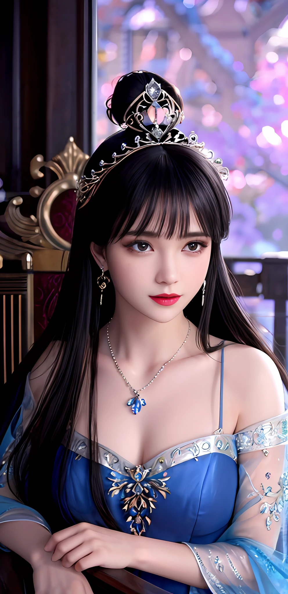 (realisticity: 1.2), best quality, 8K UHD, masterpiece, highres,cg,
1 super detailed girl, super detailed queen
, sitting on a super detailed royal throne, lud, xurious royal palace background, beautiful and detailed, super detailed long hair, wearing a beautiful and luxurious crown with diamonds and super detailed,
super detailed dress, Super detailed dress sleeves, super detailed beautiful earrings, Beautiful and beautiful necklace full of super detailed diamonds,
solo, jewelry, super detailed red and blue dress, pretty face, beautiful, and super detailed,
, earrings, super detailed hairdo, splashing, the upper body is very super detailed, super detailed hair bun, super detailed black hair,
lighting,candid,Photograph,high resolution,4k,8k,Bokeh,