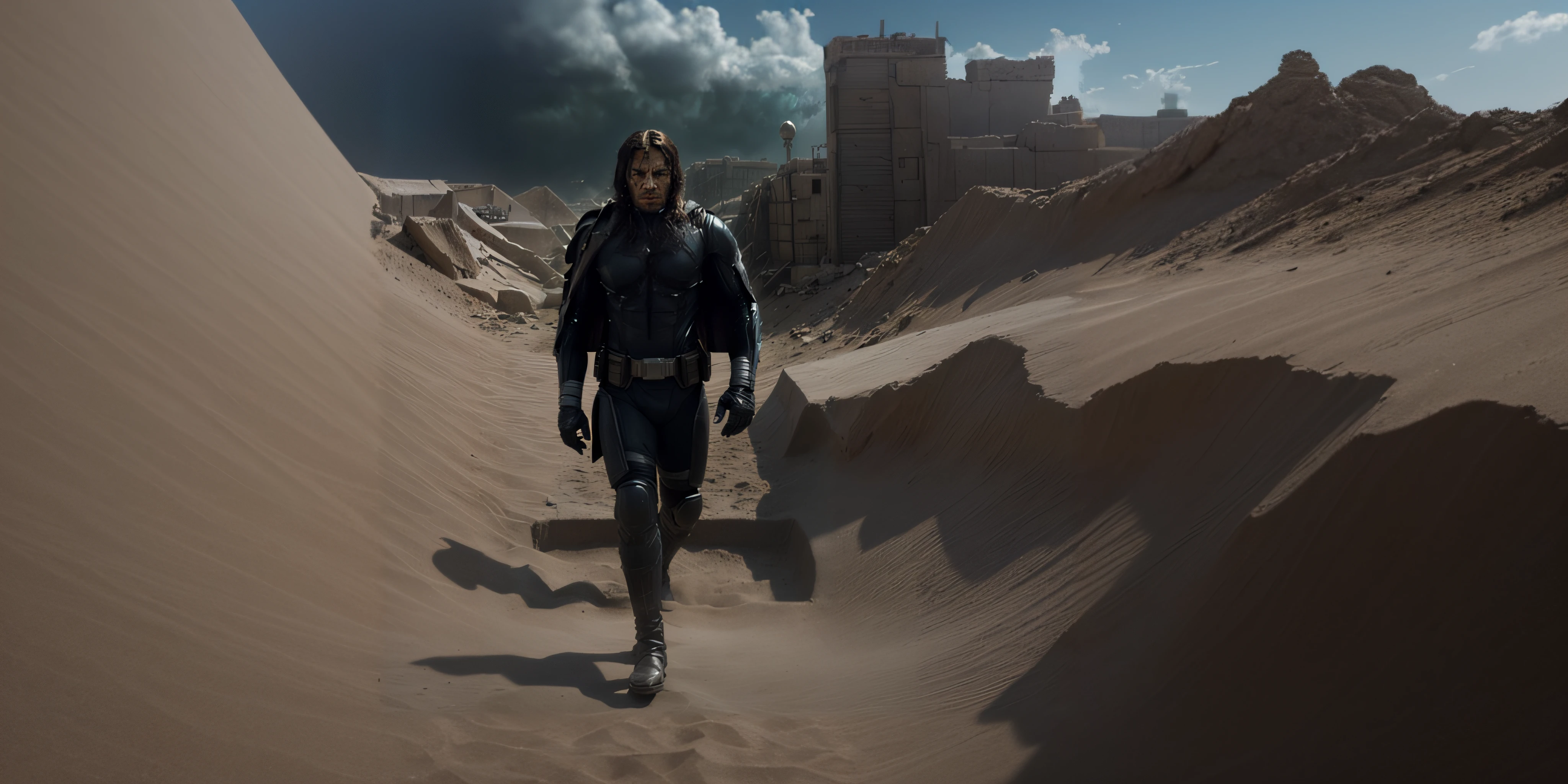 Arafed man in black leather outfit walking through a city devastated by war,sand and dust rising on his steps,traces de pas derriere lui, a matte painting detailed by Andrei Kolkutine, Film de science-fiction dramatique, Film fixe 8 k, 8 k film fixe, Image from the 2021 film Dune, Film 8 k, Image fixe du film 8K, Image du film Marvel, An epic science fiction movie, Film fantastique encore, The night war rages behind him