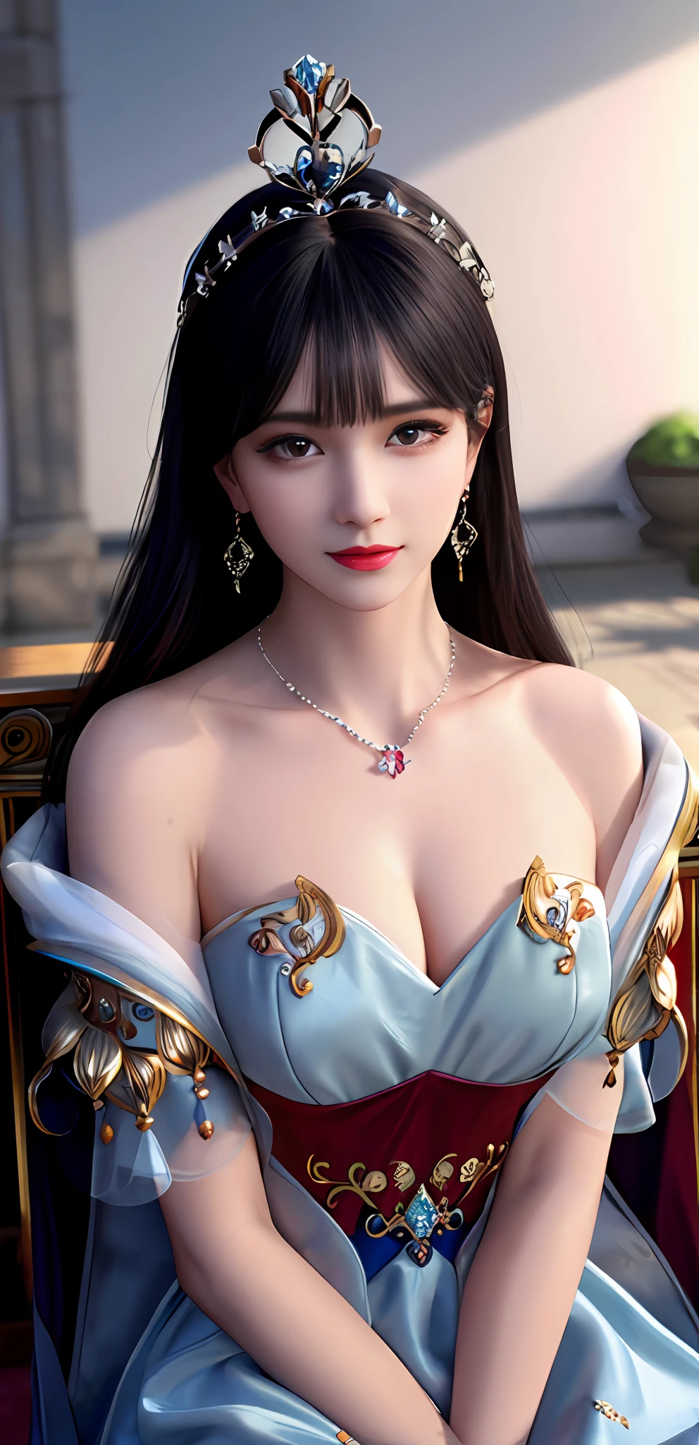 (realisticity: 1.2), best quality, 8K UHD, masterpiece, highres,cg,
1 super detailed girl, super detailed queen

, sitting on a super detailed royal throne, lud, xurious royal palace background, beautiful and detailed, super detailed long hair, wearing a beautiful and luxurious crown with diamonds and super detailed,

super detailed dress, Super detailed dress sleeves, super detailed beautiful earrings, Beautiful and beautiful necklace full of super detailed diamonds,  
 solo, jewelry, super detailed red and blue dress, pretty face, beautiful, and super detailed, 

, earrings, super detailed hairdo, splashing, the upper body is very super detailed, super detailed hair bun, super detailed black hair,
lighting,candid,Photograph,high resolution,4k,8k,Bokeh,