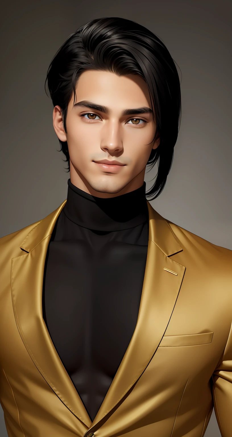Guy 25 years old. black hair. golden eyes. suntanned skin. slight smile