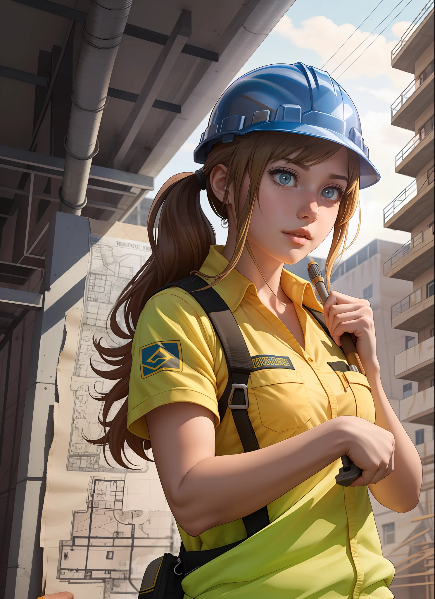 Create a detailed illustration of a determined and hardworking female college student working part-time at a construction site, aiming for her dreams, depicted in realistic illustration with anime touches; she is the protagonist with expressive eyes, medium-length hair in a ponytail, wearing a safety helmet and construction uniform over casual college attire, posed holding blueprints or tools, set against a bustling construction site with college elements, using earthy tones and soft lighting, adhering to human structures and precise details. --auto --s2