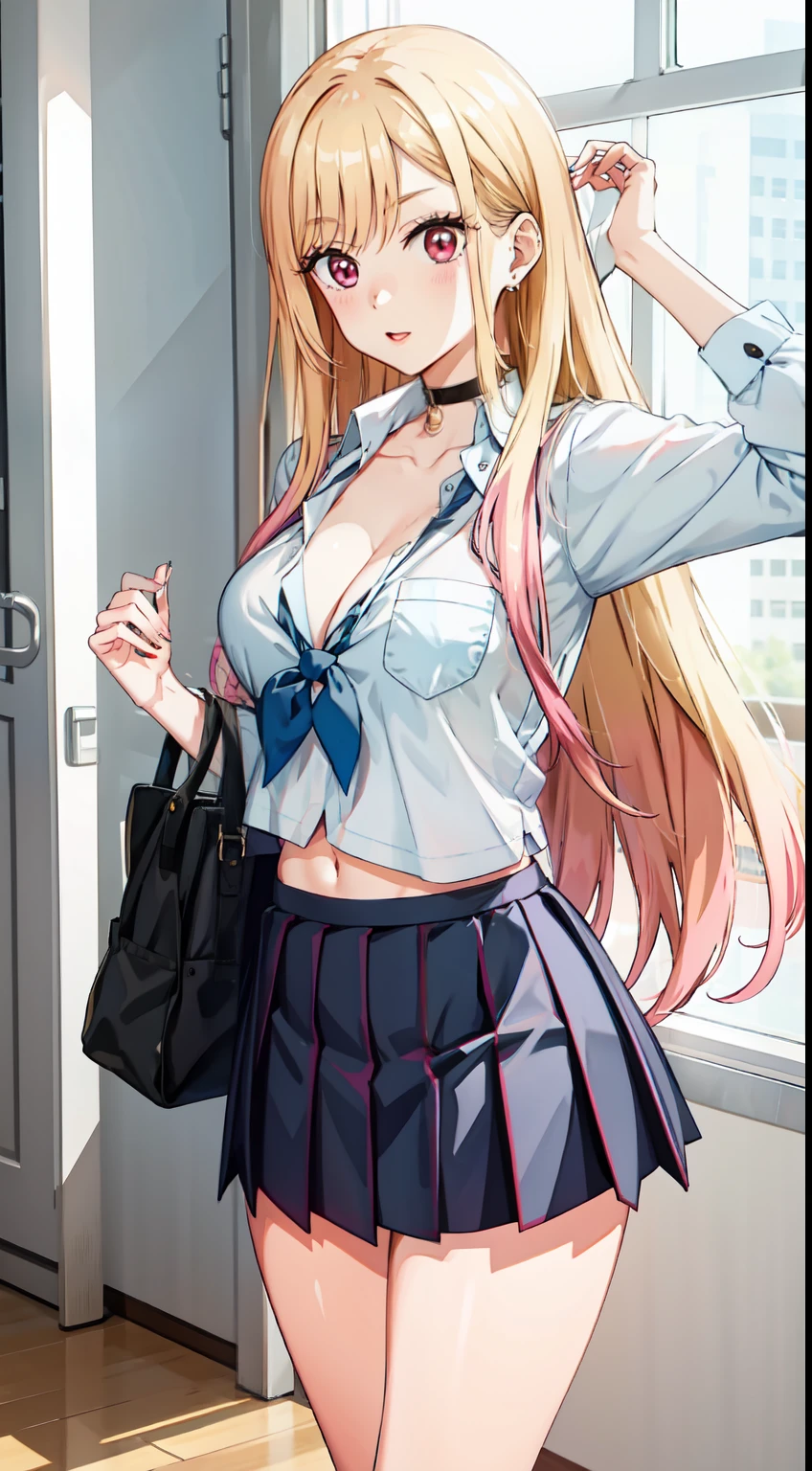 long hair, cleavage, navel, slim legs, blonde hair, skirt, Kitagawa marin, school uniform, class, navel