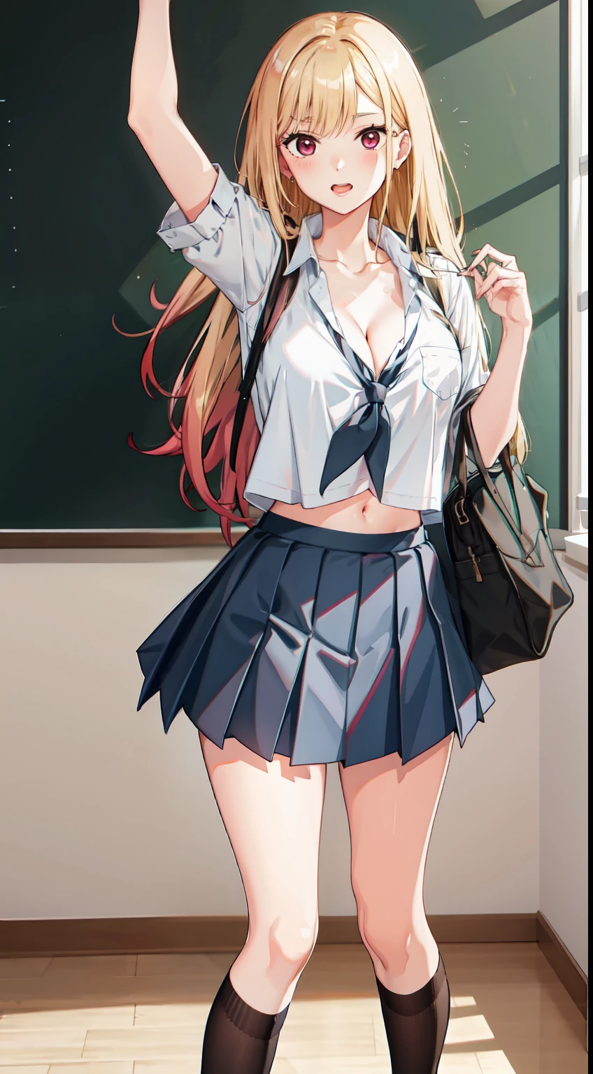 long hair, cleavage, navel, slim legs, blonde hair, skirt, Kitagawa marin, school uniform, class, navel