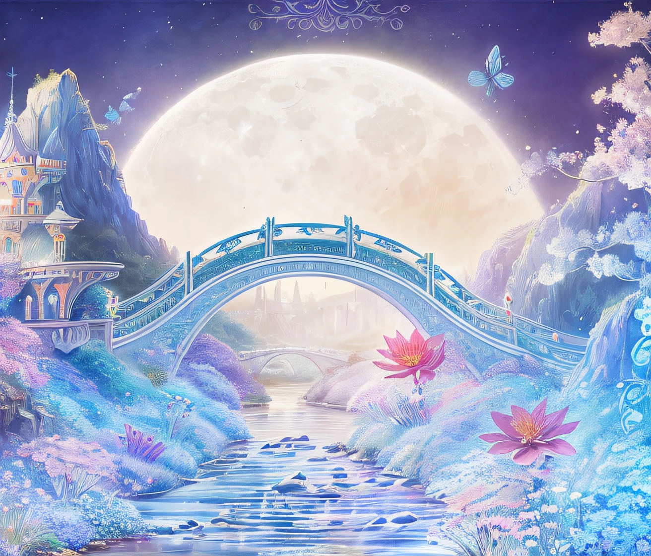 There is a painting,There are flowers on the river bridge, fairyland bridge, dream scenery art, beautiful digital art, landscape artwork, moonlit backdrop, beatiful background, Magical background, beautiful gorgeous digital art, magic crystal bridge colorfully, background artwork, whimsical fantasy landscape art, Very Beautiful Digital Art, magical fairy background, Detailed scenery —width 672