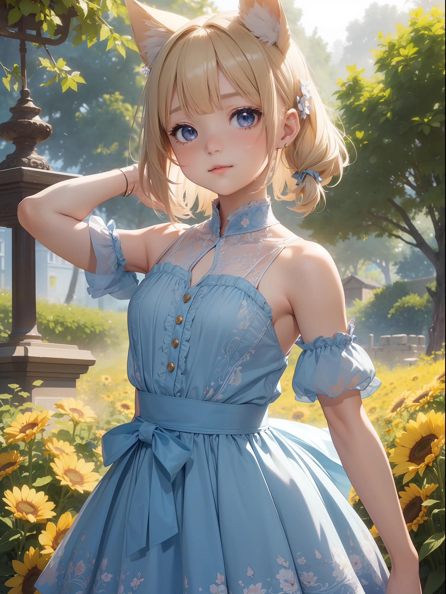 (((((???)))))、1girl in、florals、独奏、Sun flower、animal ear、a blond、plein air、ssmile、pigtails、animal ear fluff、short-hair、looking at the spectator、daysies、bare shoulders​、shoulder、shoulder、Days ies empty、​​clouds、teak、Tano、flower  field、Yellow flowers、Shut up、鎖骨、skirt by the、check、onepiece、bow ribbon、borgar、blue-sky、wrinkled、bangss, (Dynamic Pose, Very detailed and beautiful girl, intricate-detail, Beautiful detailed girl, Game CG, Highly detailed body, delicate and intricate hair, realistic and detailed face, Highly detailed eyes and face, Intricate details are beautiful and delicate eyes, Delicate arm and  hands, Human Hands, Real skin texture, Exquisite fabric, plein air, Indoor , beautiful and clear background, absurdity, High-precision details, Highly detailed CG Unity 8K, Ultra-detailed)
