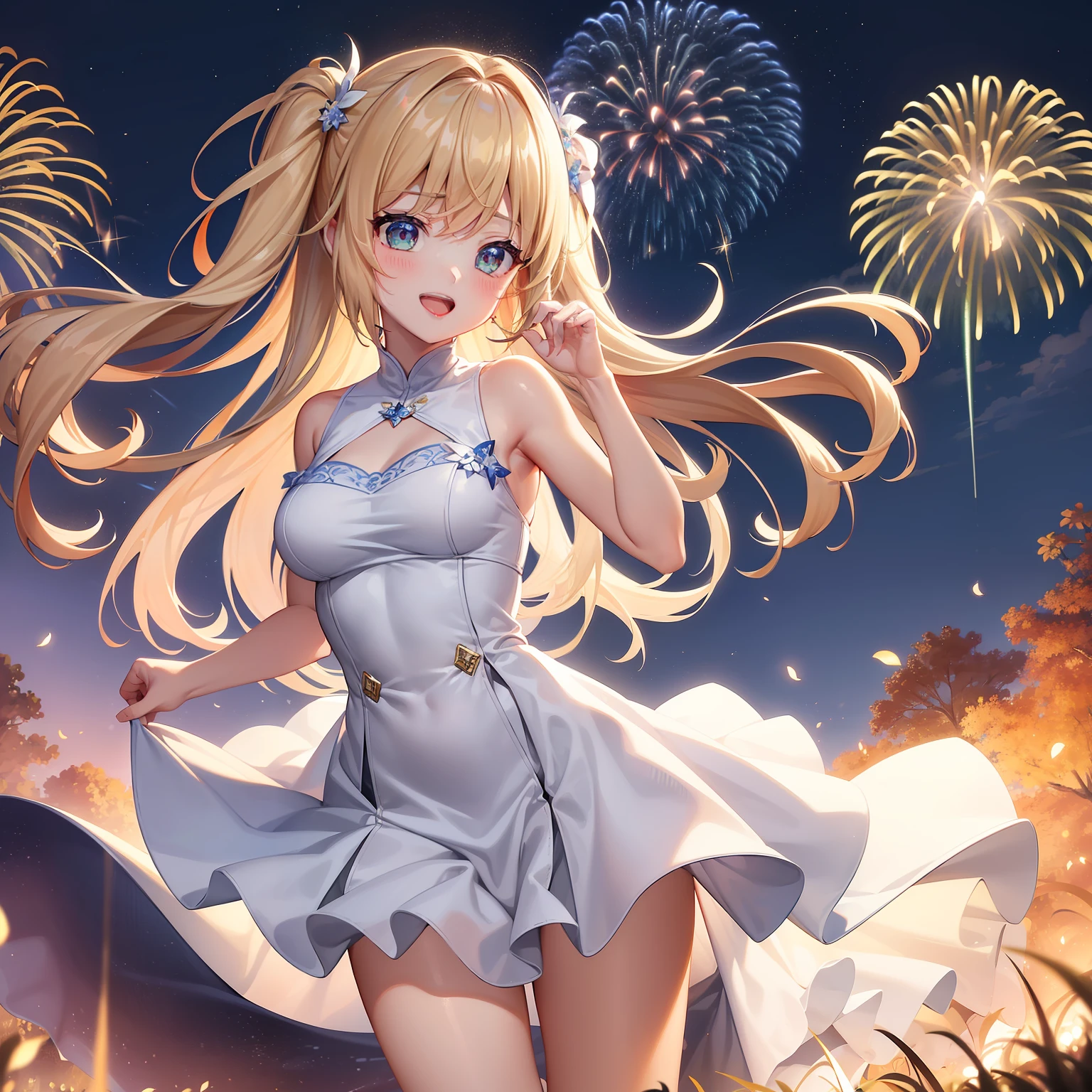 ((top-quality)), ((masterpiece)), (detaileds:1.4), 3D, nffsw(HighDynamicRange),光线追踪,NVIDIA RTX,Hyper-Resolution,Unreal 5,ultra-detailliert、female statue:Depicting a graceful and beautiful woman。She was wearing a flowing dress and、、、、、、、、、、It has a delicate design that reflects the brilliance of fireworks.........。Hair flutters in the wind、The image of glamorous fireworks is emphasized。 sparklers: • Draw beautifully blooming fireworks around her。Glowing colorful fireworks surround her、Fantastic light effects envelop the surroundings。The pattern and shape of the fireworks are as follows。。。。。。。。:、Heart-shaped or star-shaped、round, etc.、By incorporating a variety of designs、Expressing the beauty of fireworks。 Background with: • Draw dark backgrounds to enhance the glow of fireworks。Black night sky or dark background、We devised a way to make the light of the fireworks shine vividly..........。pure、pure、Also serves as a backdrop for urban and natural landscapes.。 Female facial expressions: • Her facial expressions make her feel happy and happy。By depicting a smile and a sparkle in the eyes as if struck by the beauty of fireworks,、Express your emotions in your creations。