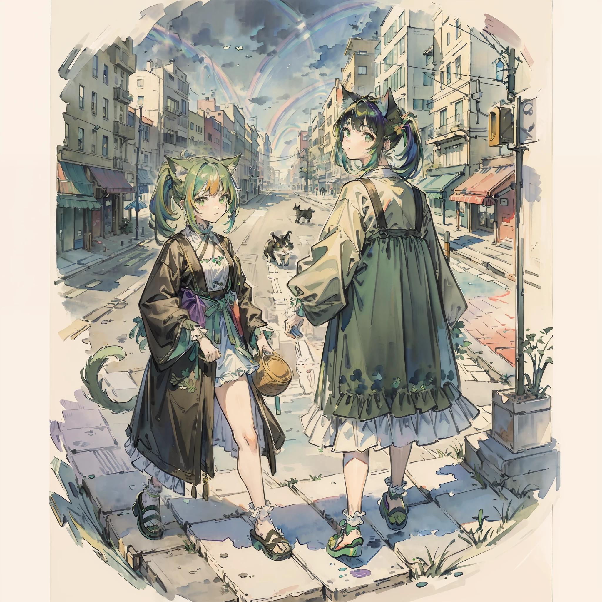 ((Best quality1.3))、Cats、((Watercolor Paint))、((With cats)),A detailed, hyper realistic rendering、((Street style))、planet of the cats、Trendy clothes((frilld))、urbane、meow、Green hair((rainbow-colored hair))