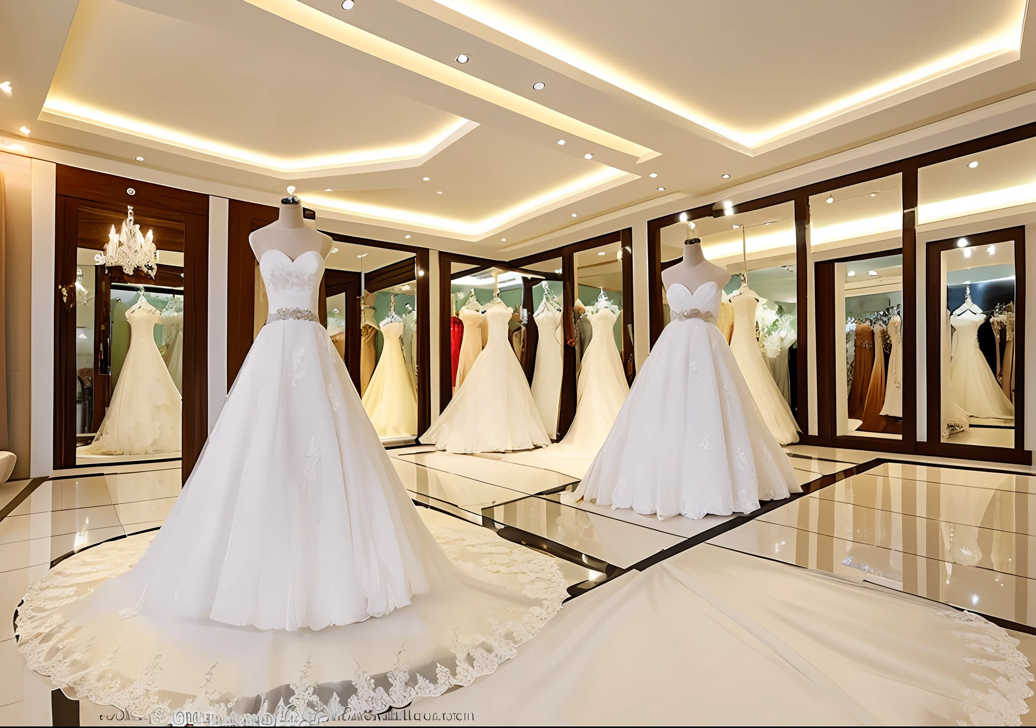 Interior Wedding dresses store in KSA the view on the qaaba, high details, realistic, high quality, 1024*720 dimensions.