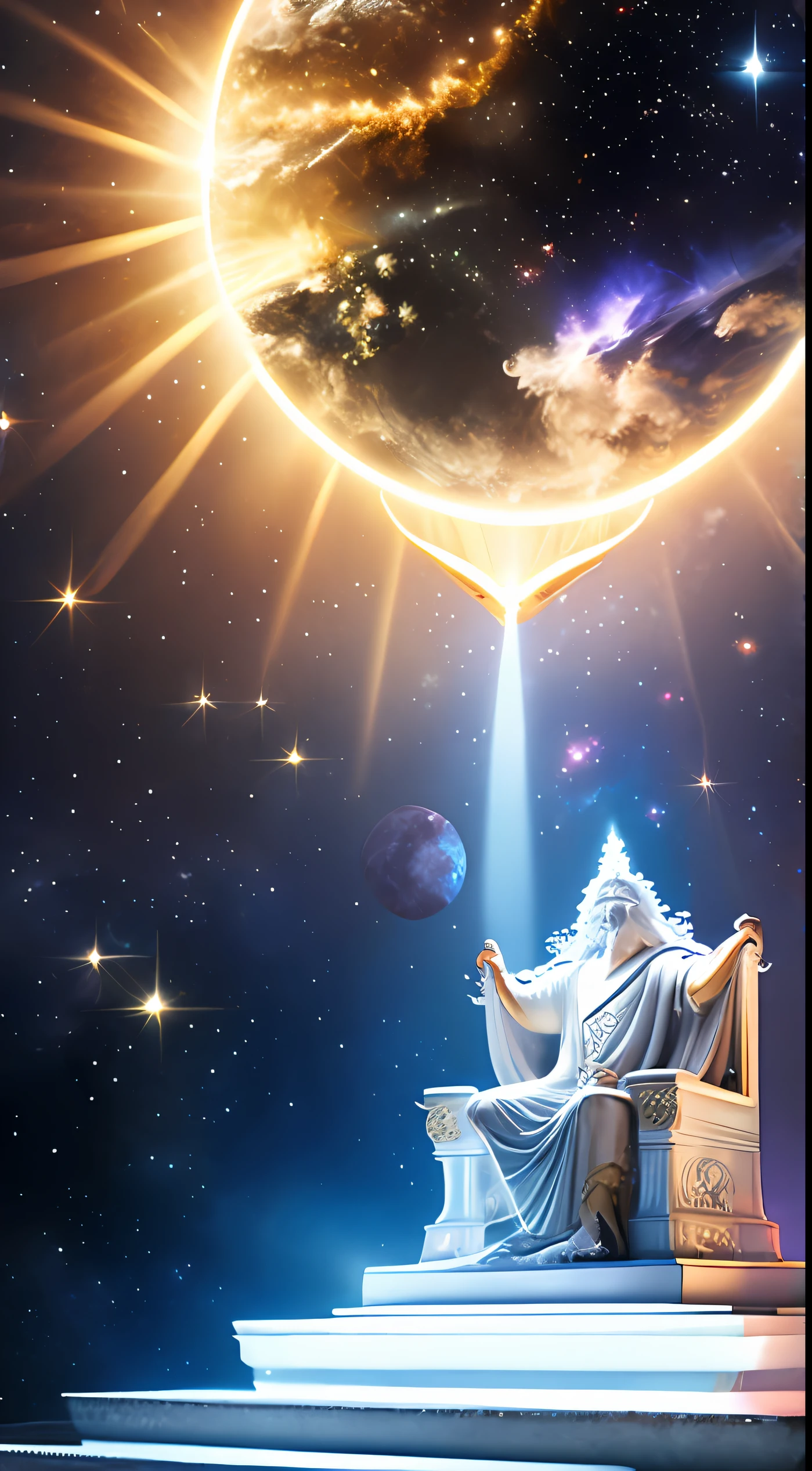 super high resolution, best quality, photo, 16k, (photorealistic: 1.2), cinematic lighting, An old man in the shape of a mythical god. Depict the god holding the sun and moon, enveloped by a radiant aura. Seat them on a magnificent throne within a cosmic backdrop, in bright white cloaks floating on the crystal throne, floating on crystal clouds, surrounded by the splendors of the universe. Pay meticulous attention to stunning details and achieve a resolution of 64K for an immersive and realistic visual experience. Let your work capture the essence of myth and wonder, leaving viewers in awe of its beauty and power.