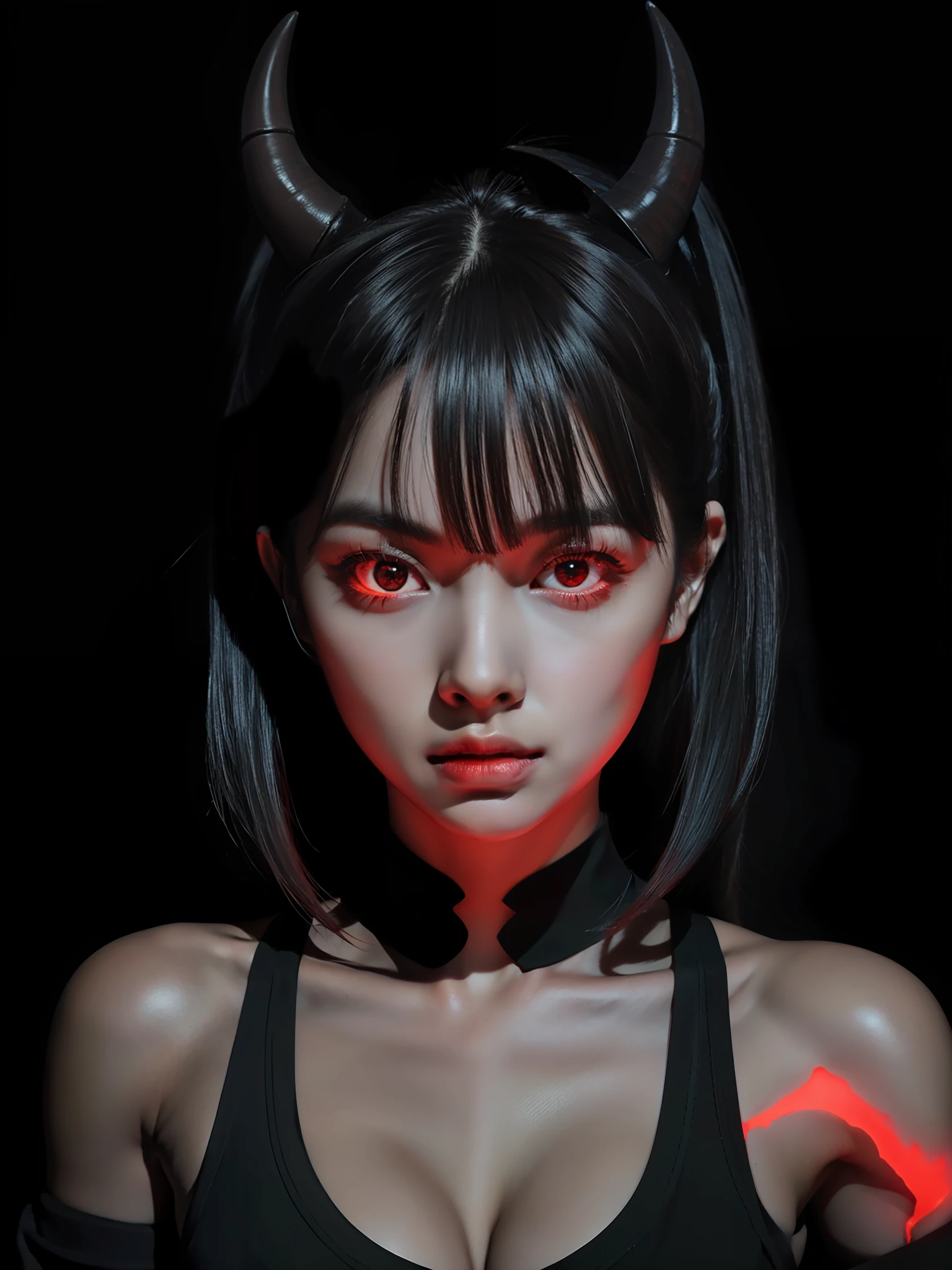 a female demon, Black background, red energy magic, Red glowing eyes, Black skin, Dynamic pose, kawaii, fit build, gorgeous perfect face, in the style of realistic and hyper detailed renderings, zbrush, hyper realistic oil, contour shadow, Dark scene, Darkness
