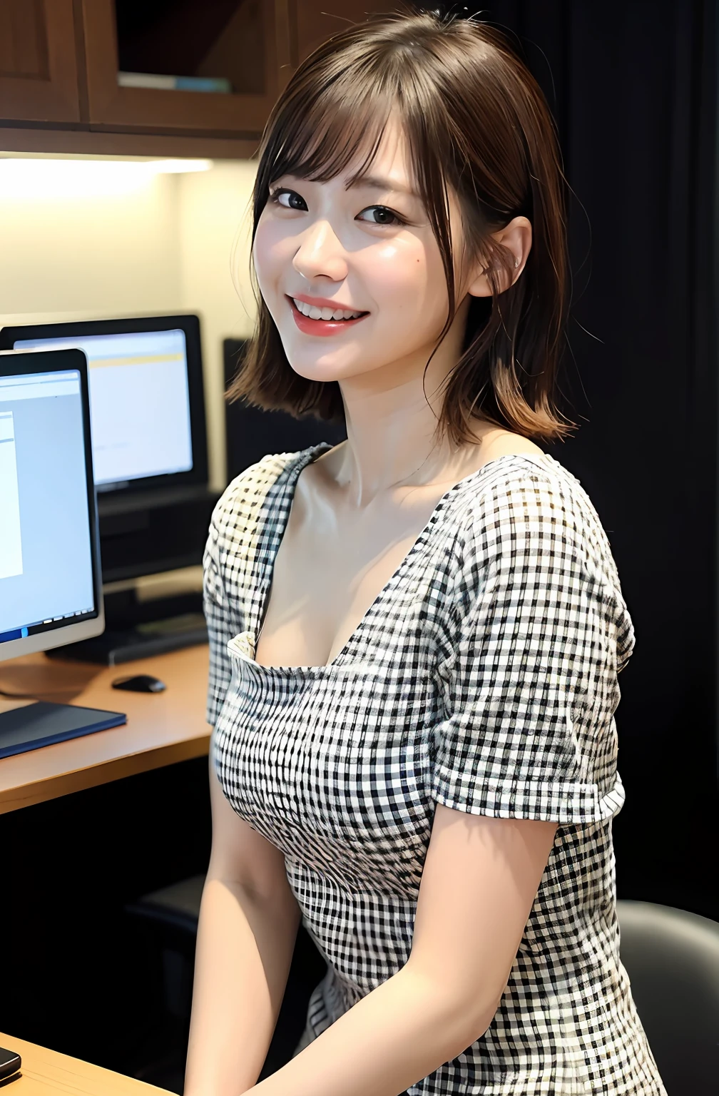 ((8K:1.27)、top-quality、​masterpiece、超A high resolution:1.2)Photo Beautiful Japan woman(pleasing:1.1) (The shirt:1.21) Elegance、There is a good、Gradient lighting、1girl in、Delicate skin、Look here、Brown-eyed、(short hair with bangs:1.2)、(breasts are very large:1.0)、(medium areola:0.8)、(realisitic:1.4)、(top-quality:1.0)、(超A high resolution:1.0)、8K、Raw photography、(​masterpiece:0.2)、(pureerosface_v1:0.5)、Plaid Split Hem Bodycon Dress、 Round Neck、multi colored、Physically fit、Kamimei、excited expressions、Red cheeks、want me、Staring at this、Office at night、total darkness、computers、Monitor Light、total darkness、subject、Lean、Look here、Late Night Office、Laugh、up skirt、Panchira、pantiy、Futomo、Very big bust、Breasts are breaded、